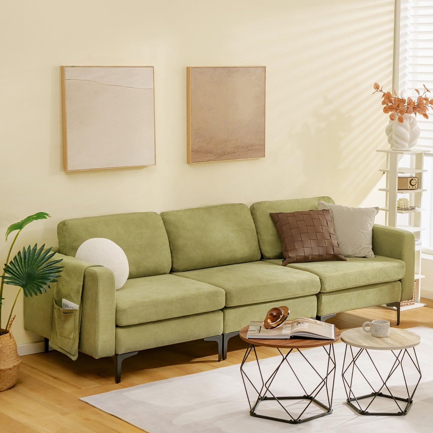 3 Seat Sofa Couch with Storage Armrest Pocket, Removable Cushions, and Metal Legs – Green