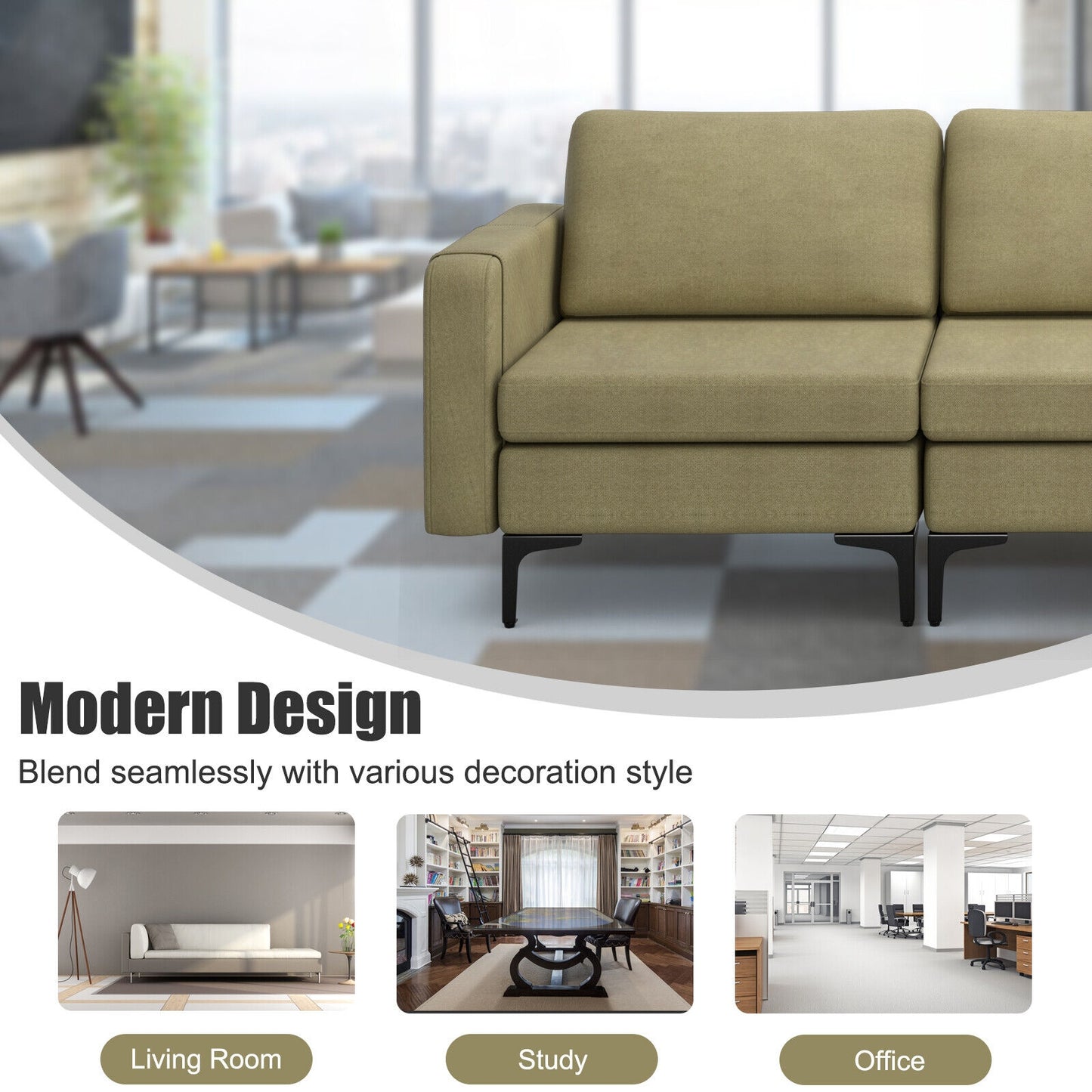 3 Seat Sofa Couch with Storage Armrest Pocket, Removable Cushions, and Metal Legs – Green