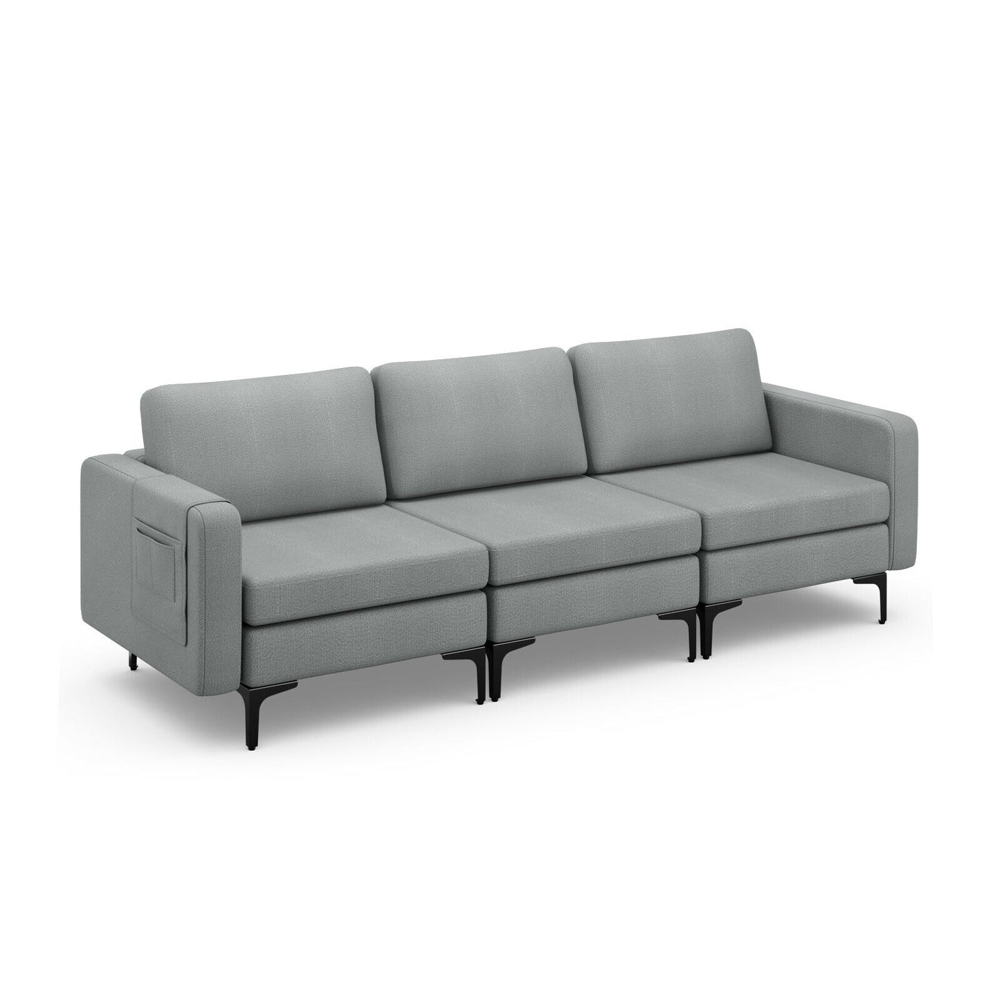 3 Seat Sofa Couch with Storage Armrest Pocket, Removable Cushions, and Metal Legs – Grey