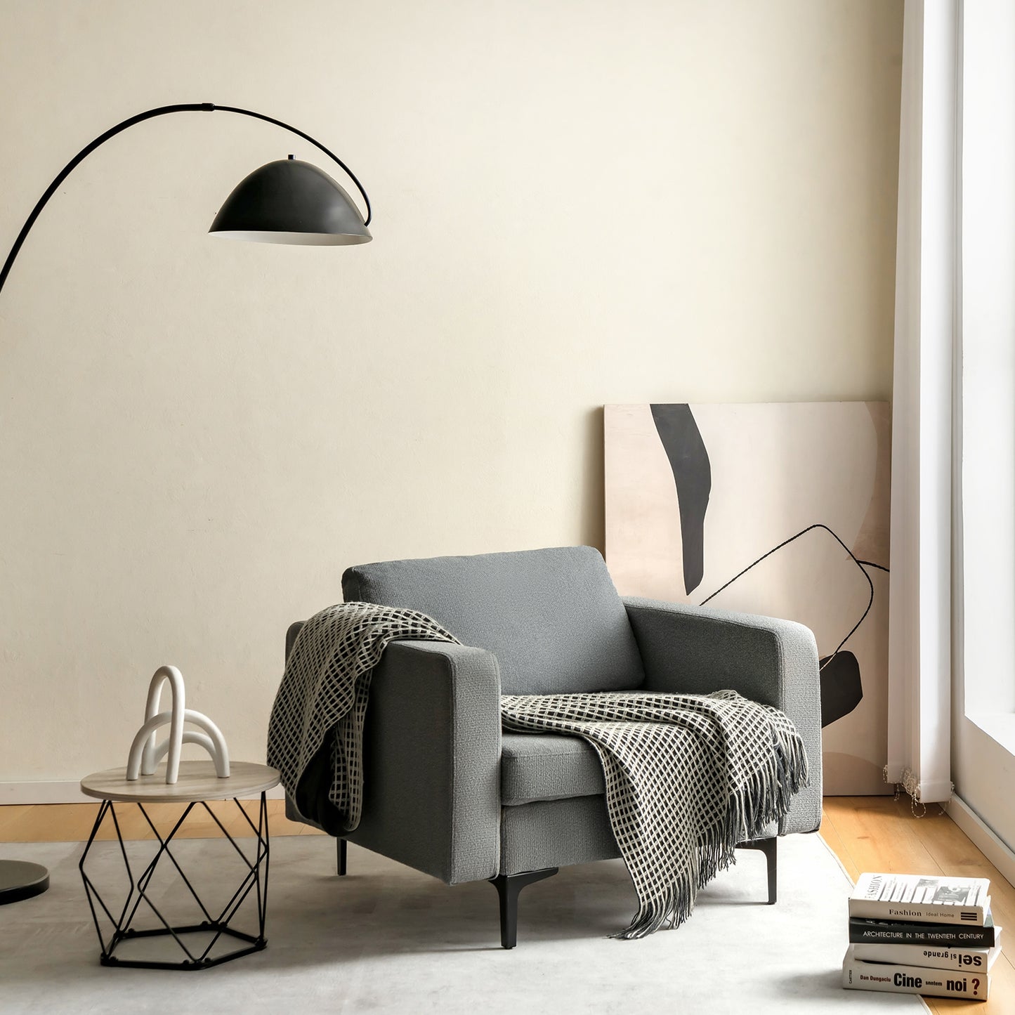 3 Seat Sofa Couch with Storage Armrest Pocket, Removable Cushions, and Metal Legs – Grey