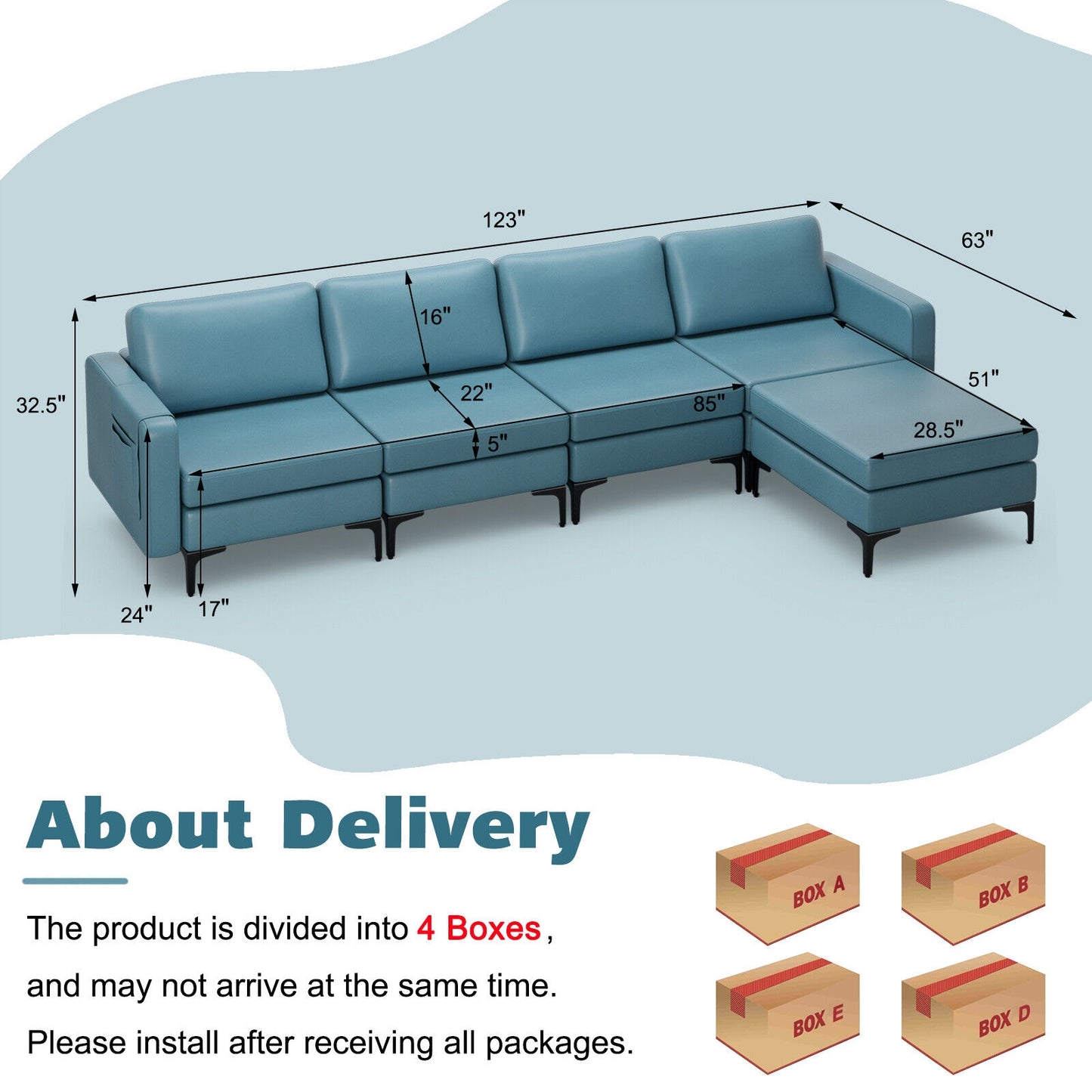 Modular L-Shaped Sectional Sofa with Reversible Ottoman, USB Ports, and Storage in Blue