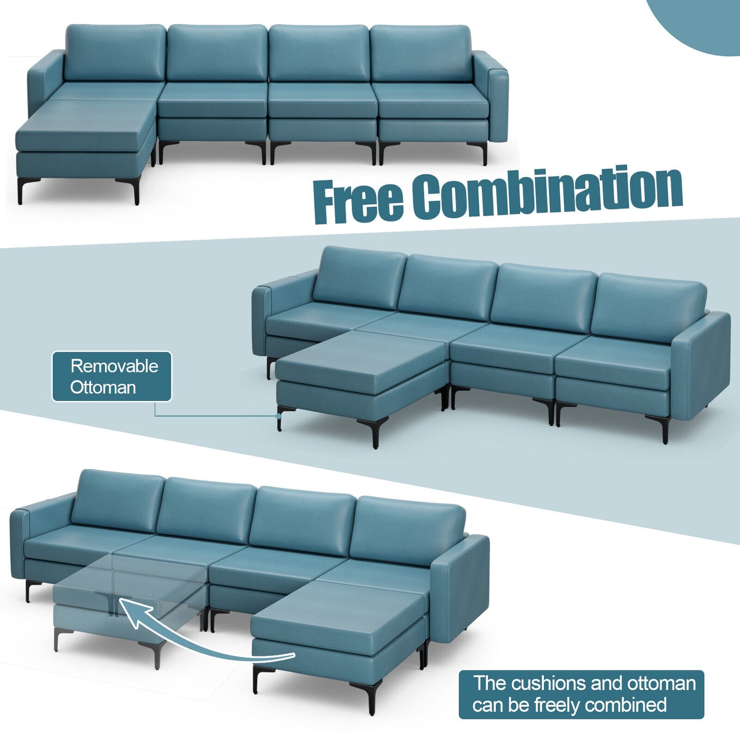 Modular L-Shaped Sectional Sofa with Reversible Ottoman, USB Ports, and Storage in Blue