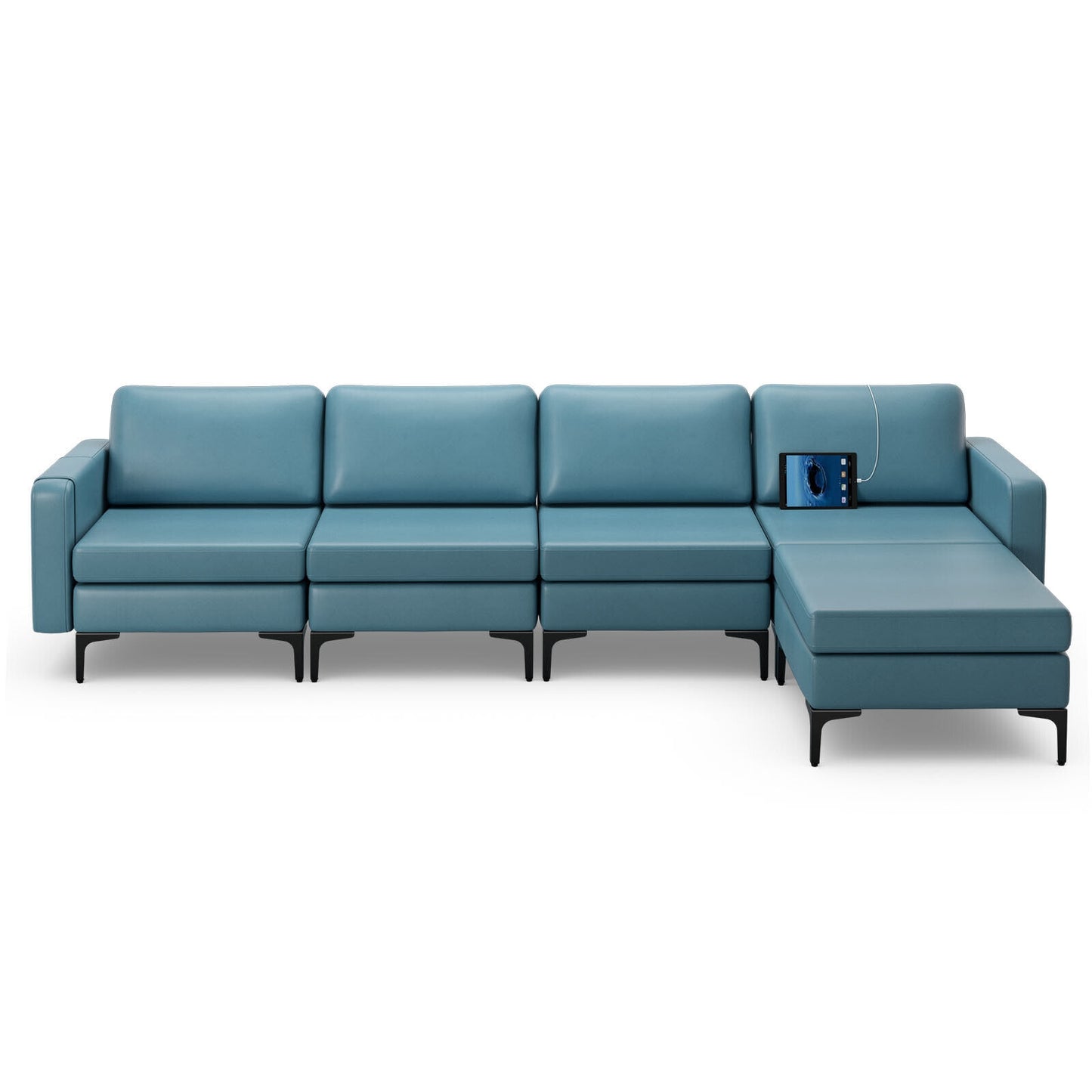 Modular L-Shaped Sectional Sofa with Reversible Ottoman, USB Ports, and Storage in Blue