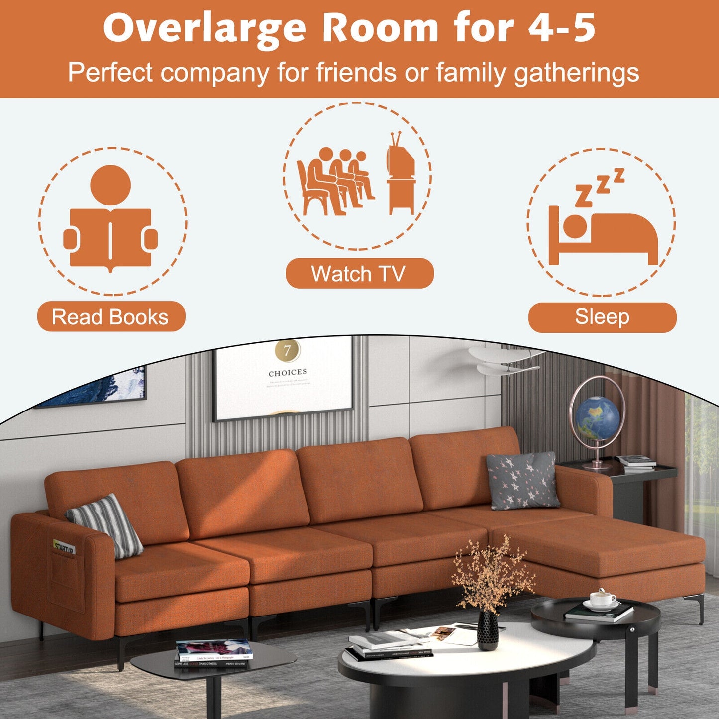 Modular L-Shaped Sectional Sofa with Reversible Ottoman, USB Ports, and Storage in Orange