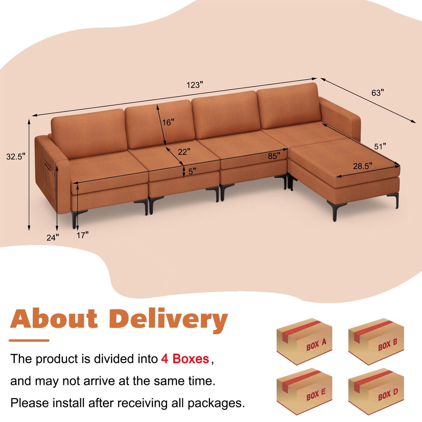 Modular L-Shaped Sectional Sofa with Reversible Ottoman, USB Ports, and Storage in Orange