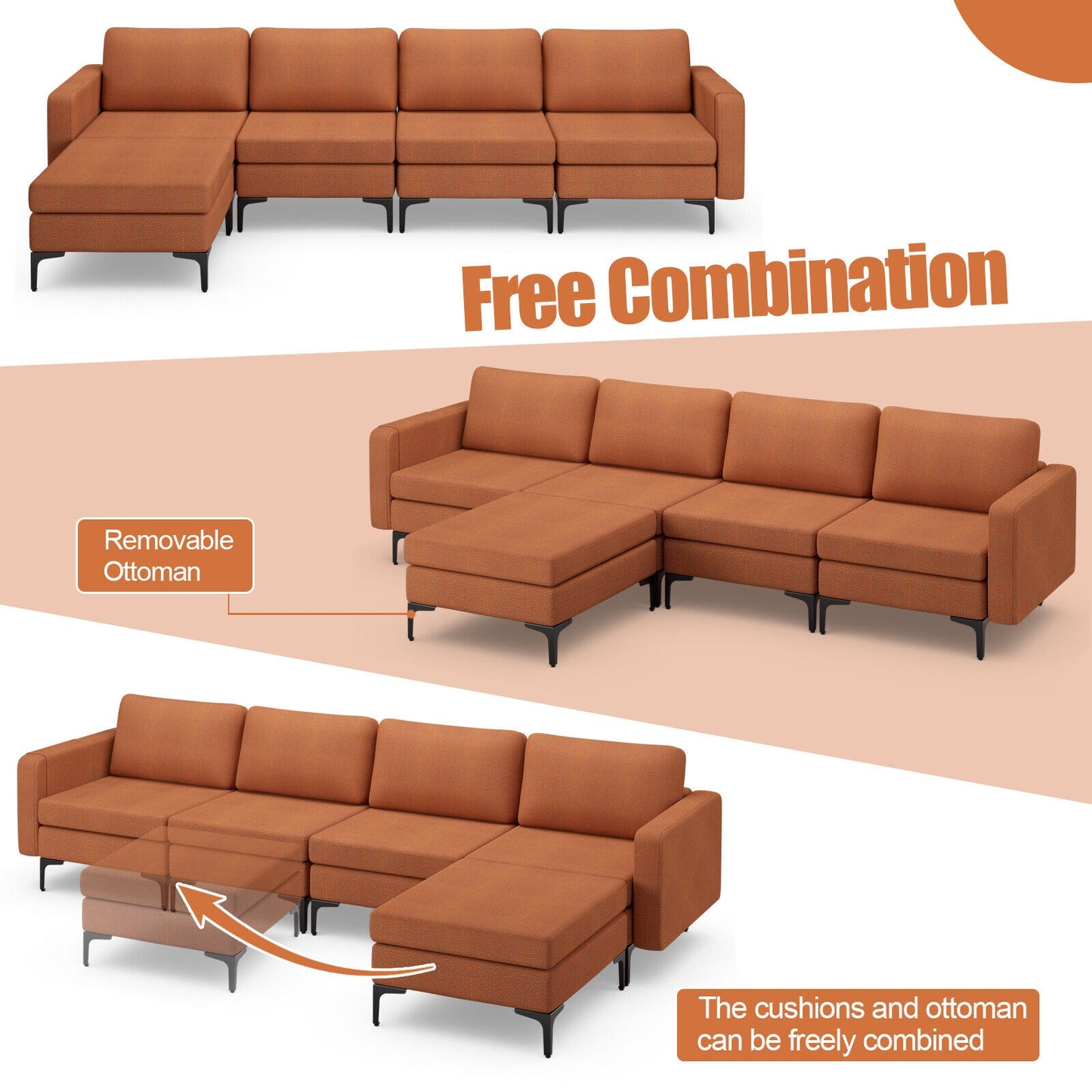 Modular L-Shaped Sectional Sofa with Reversible Ottoman, USB Ports, and Storage in Orange