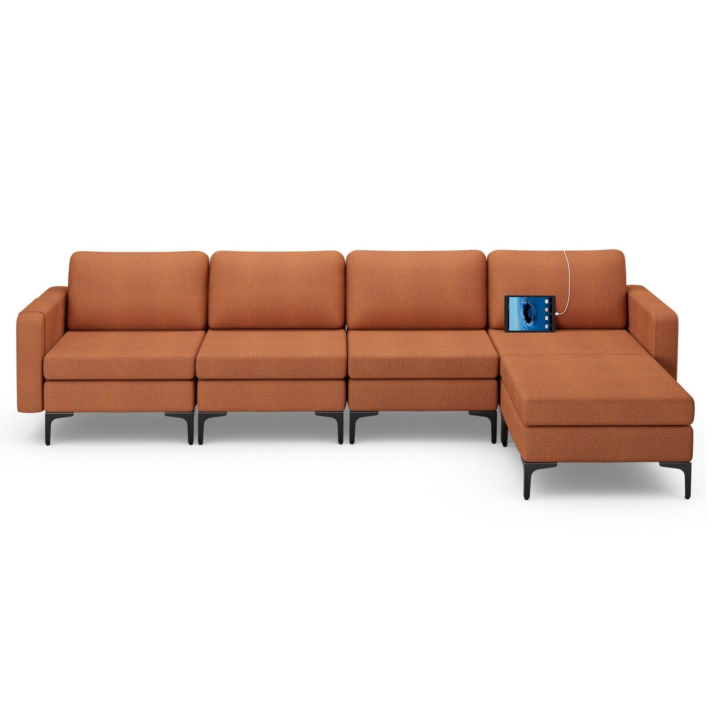 Modular L-Shaped Sectional Sofa with Reversible Ottoman, USB Ports, and Storage in Orange