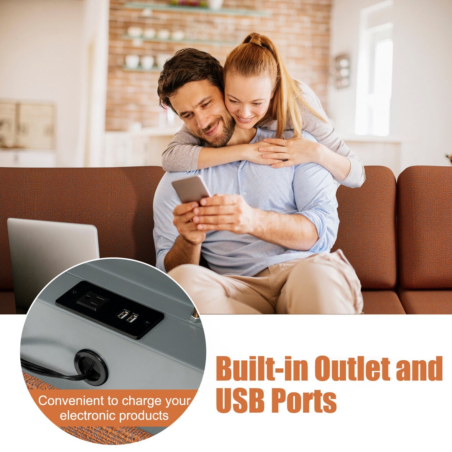 Modular L-Shaped Sectional Sofa with Reversible Ottoman, USB Ports, and Storage in Orange