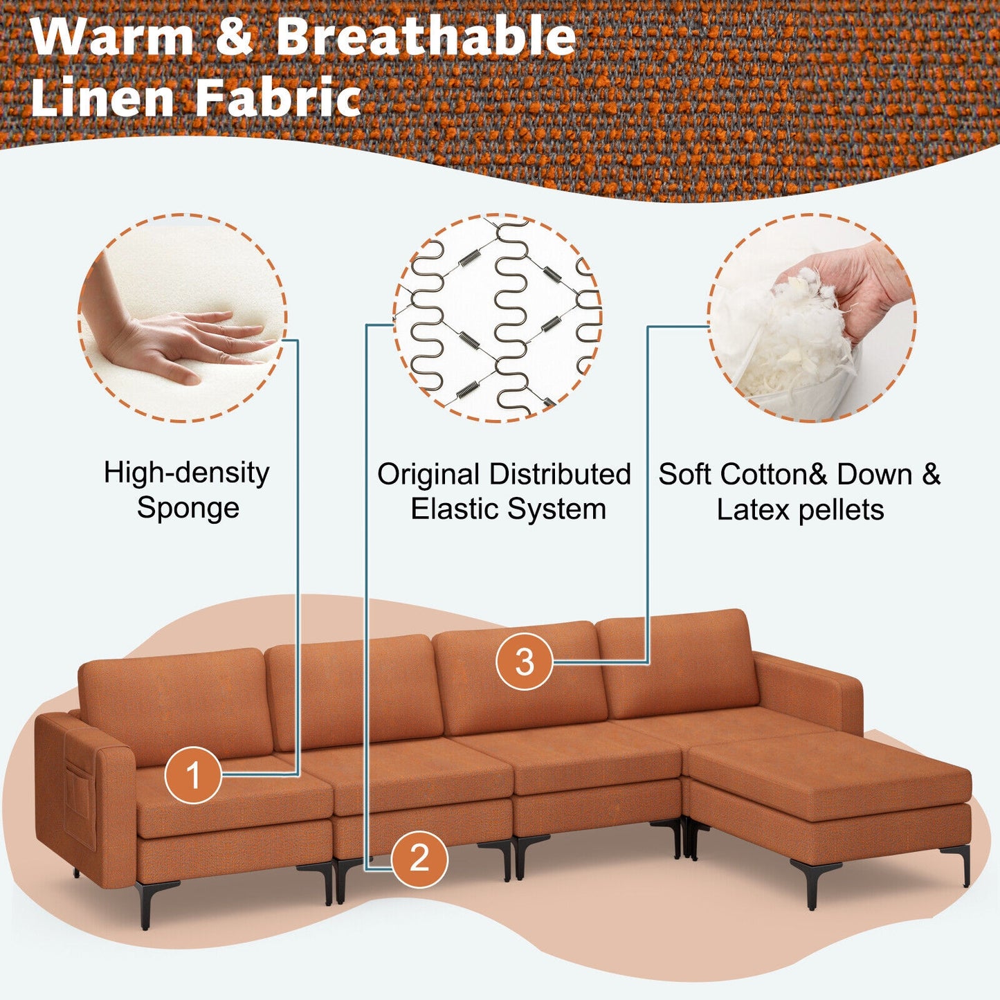 Modular L-Shaped Sectional Sofa with Reversible Ottoman, USB Ports, and Storage in Orange