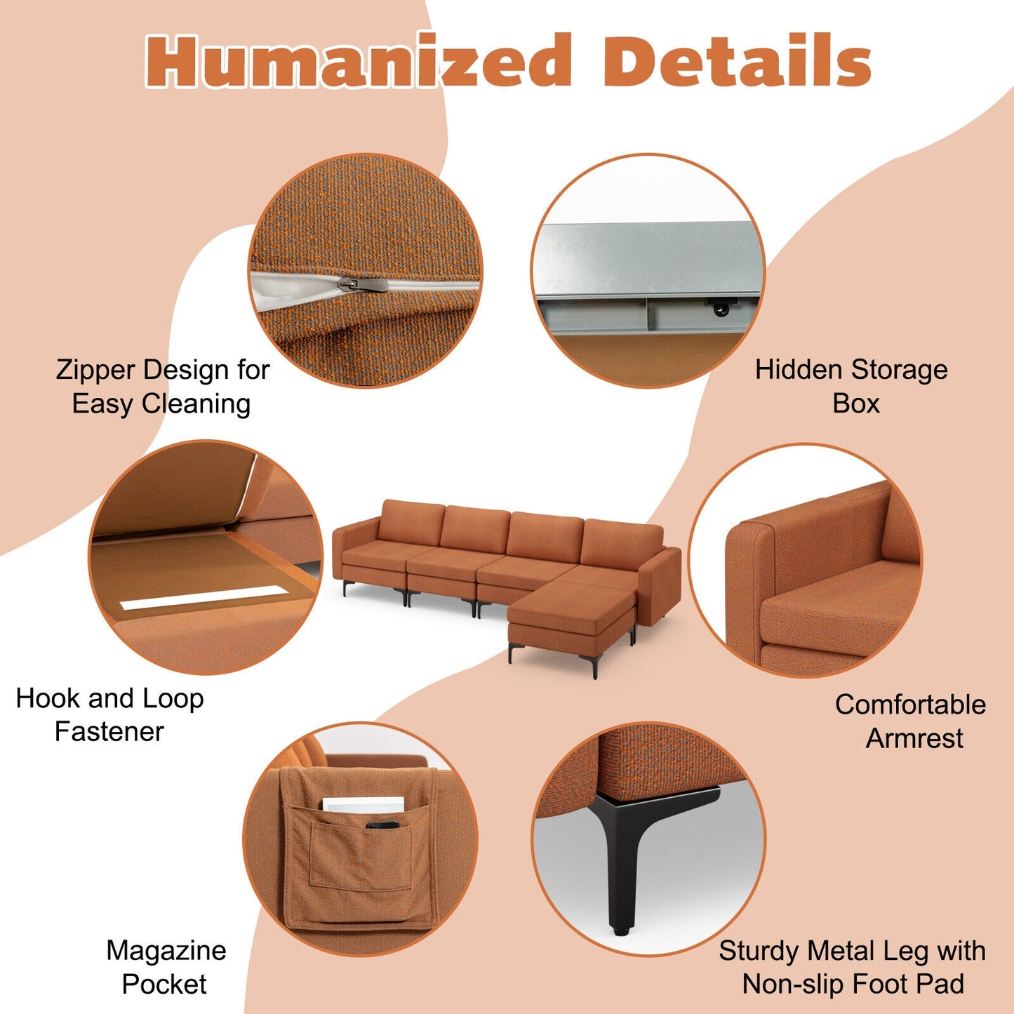 Modular L-Shaped Sectional Sofa with Reversible Ottoman, USB Ports, and Storage in Orange