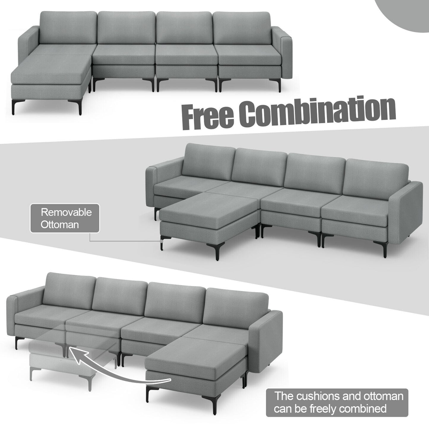 Modular L-Shaped Sectional Sofa with Reversible Ottoman, USB Ports, and Storage in Grey