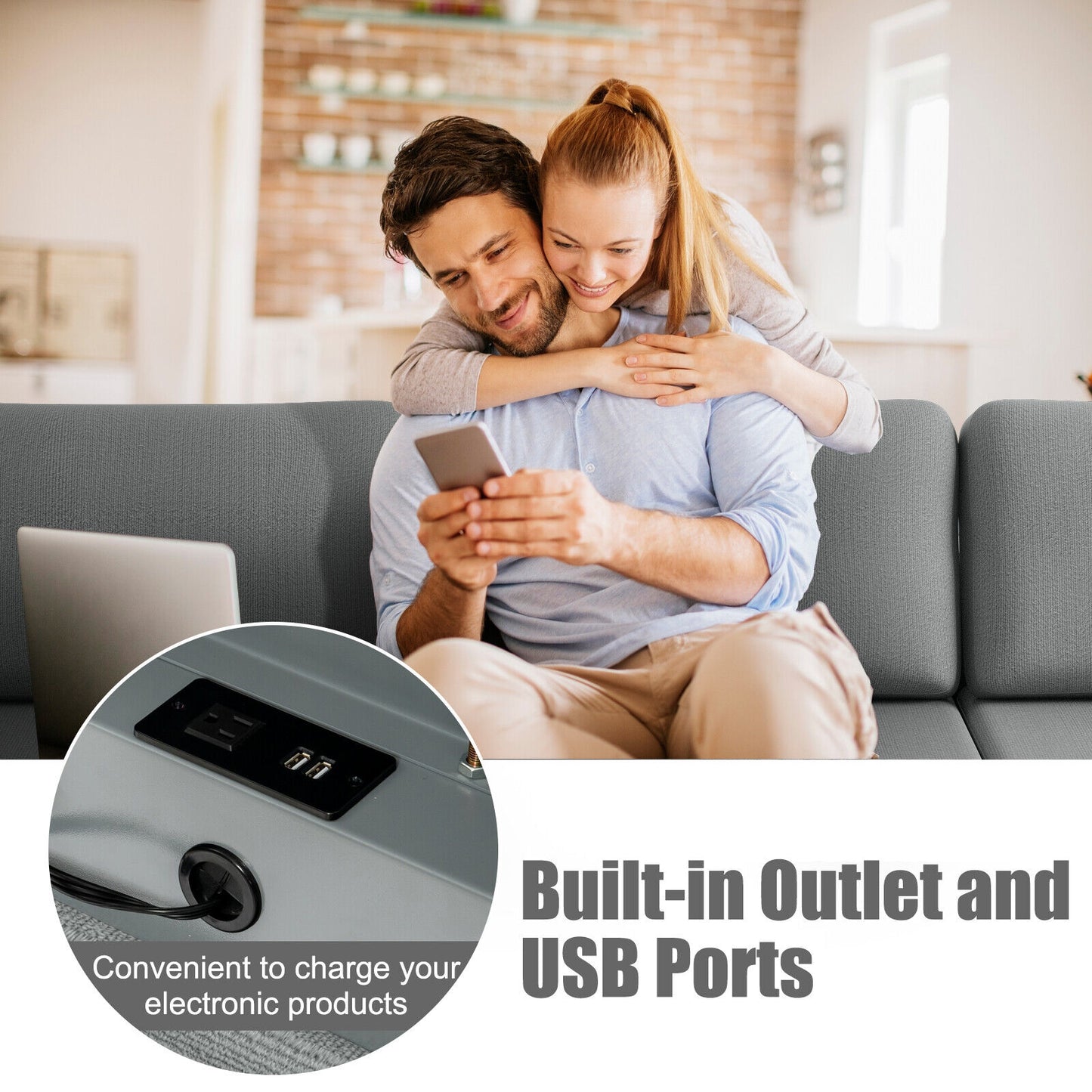 Modular L-Shaped Sectional Sofa with Reversible Ottoman, USB Ports, and Storage in Grey