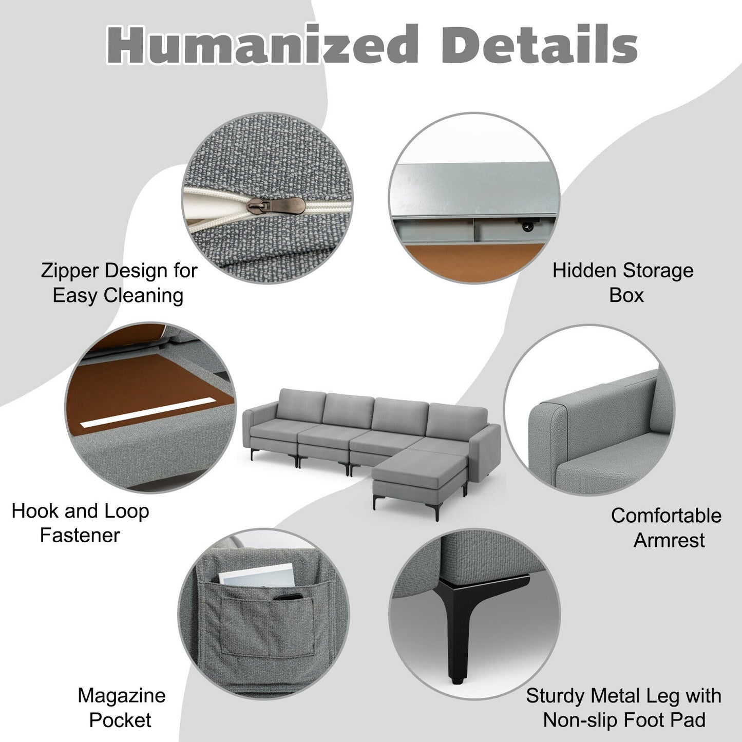 Modular L-Shaped Sectional Sofa with Reversible Ottoman, USB Ports, and Storage in Grey