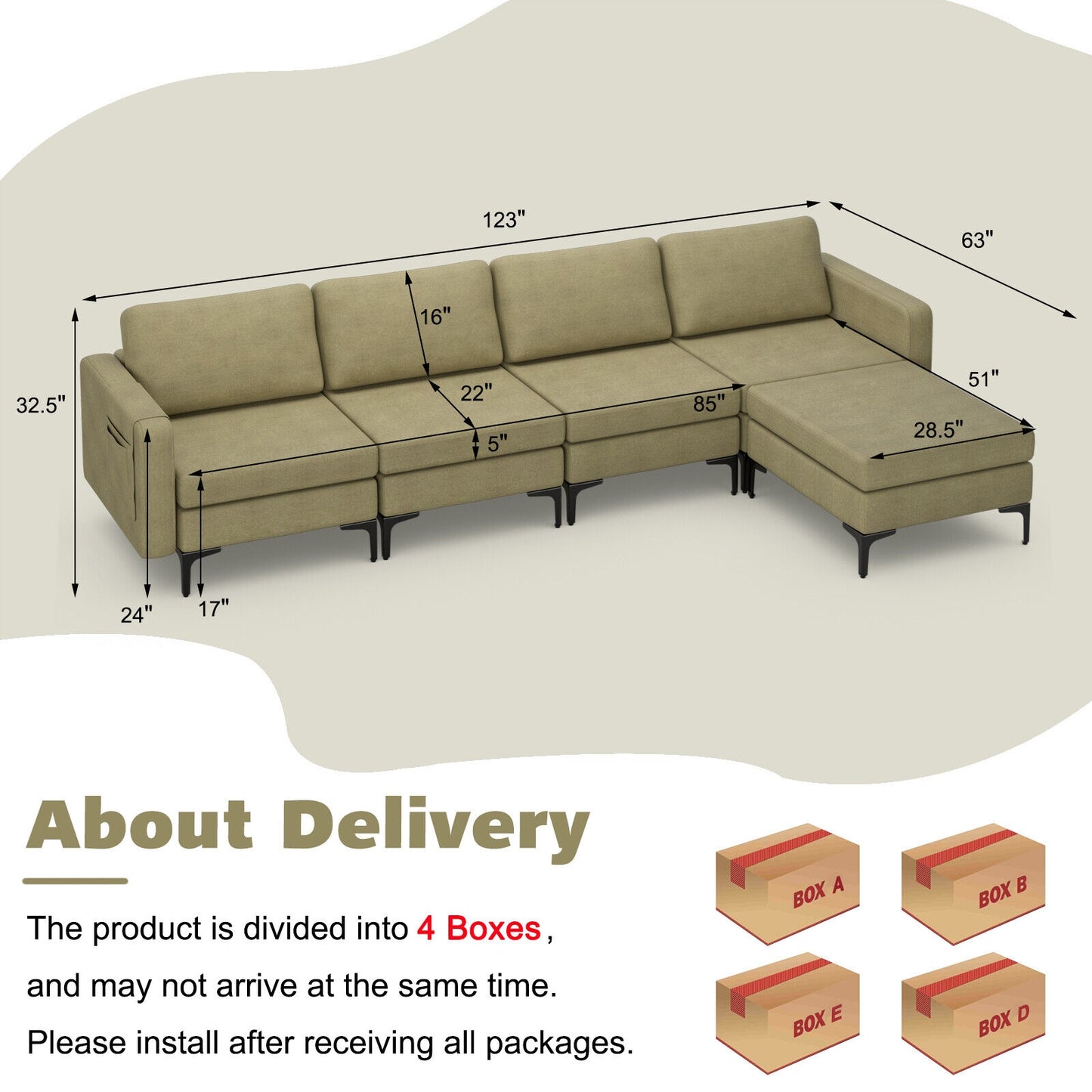 Modular L-Shaped Sectional Sofa with Reversible Ottoman, USB Ports, and Storage in Green