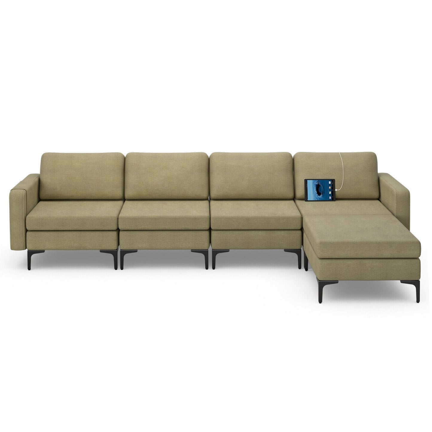 Modular L-Shaped Sectional Sofa with Reversible Ottoman, USB Ports, and Storage in Green