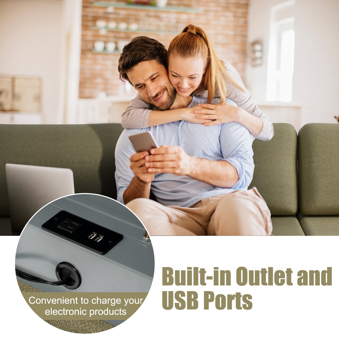 Modular L-Shaped Sectional Sofa with Reversible Ottoman, USB Ports, and Storage in Green