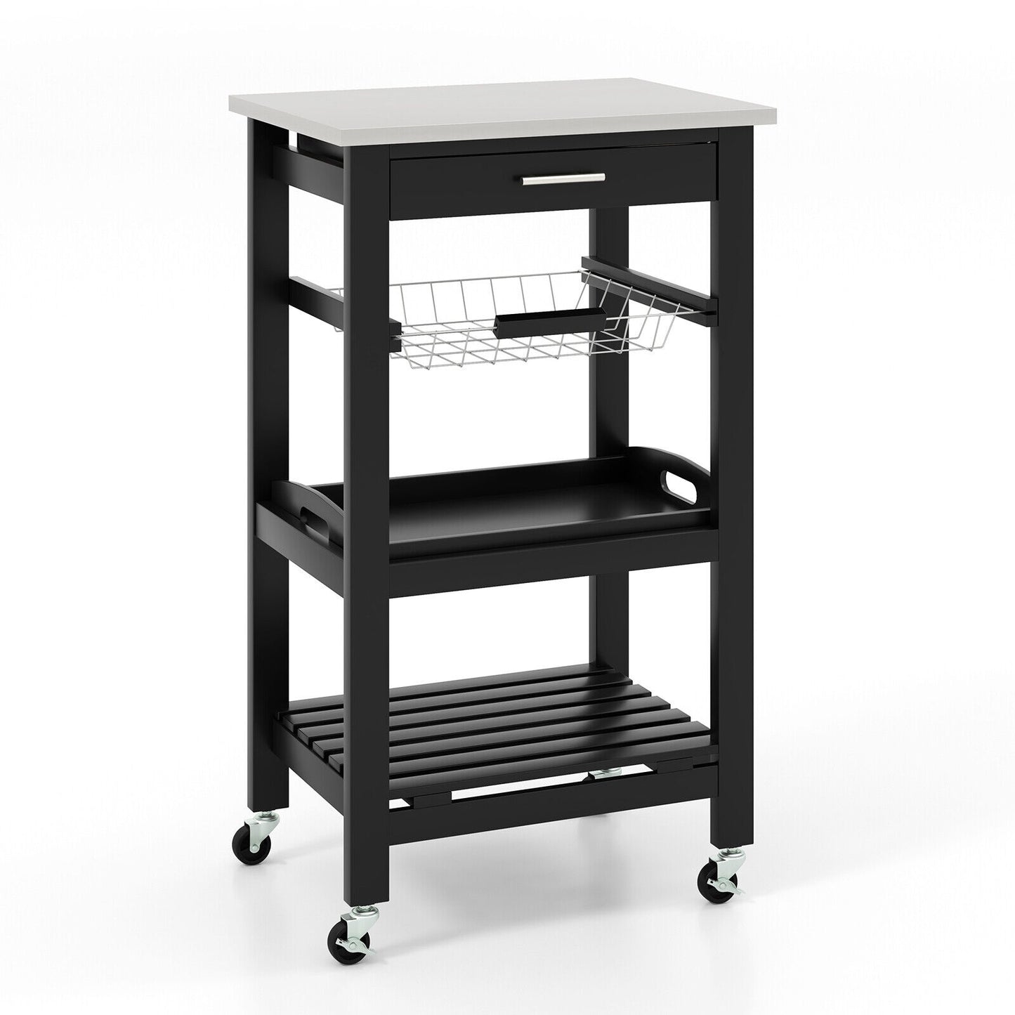 Kitchen Island Cart with Stainless Steel Top, Pull-Out Basket, and Storage Shelves - Black