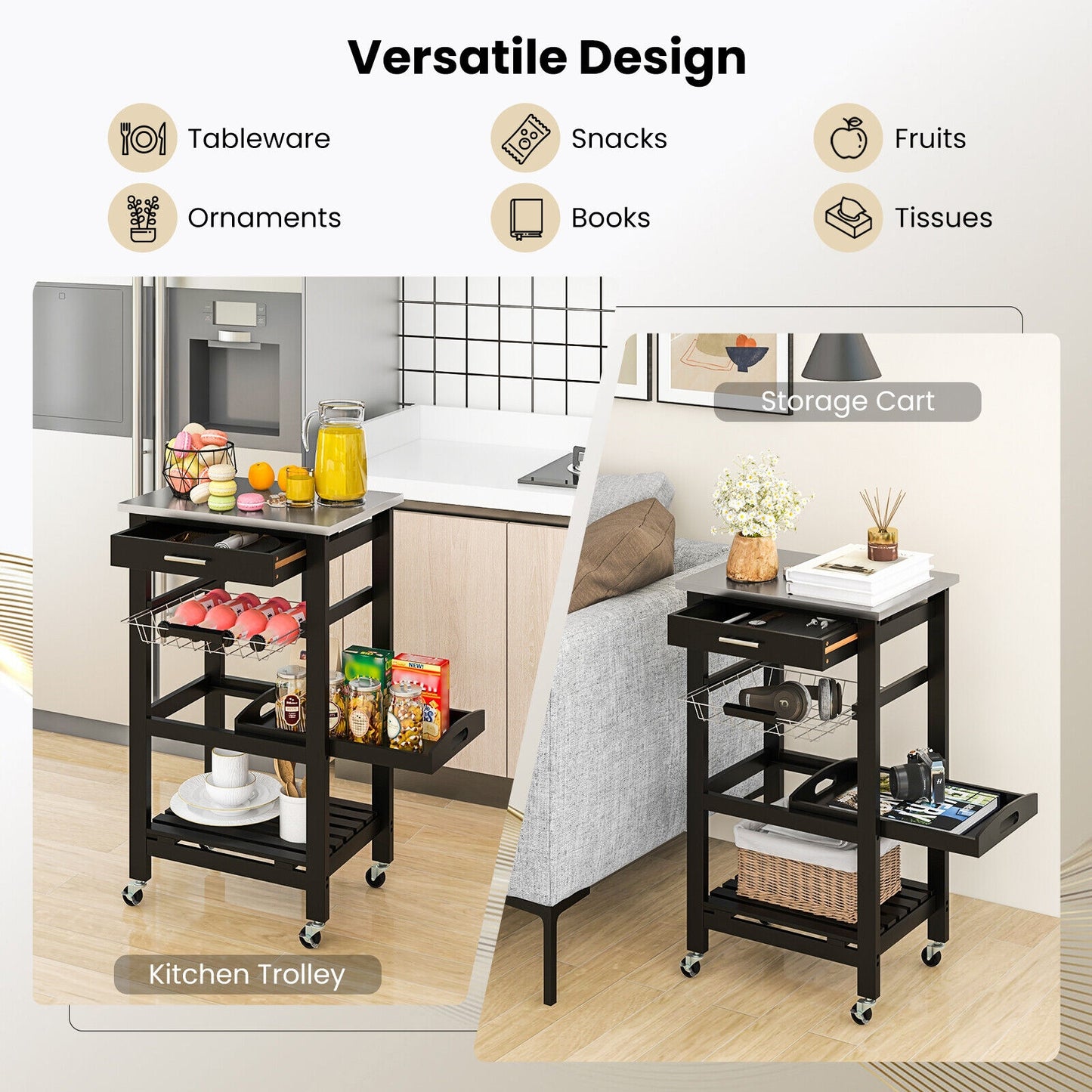 Kitchen Island Cart with Stainless Steel Top, Pull-Out Basket, and Storage Shelves - Black