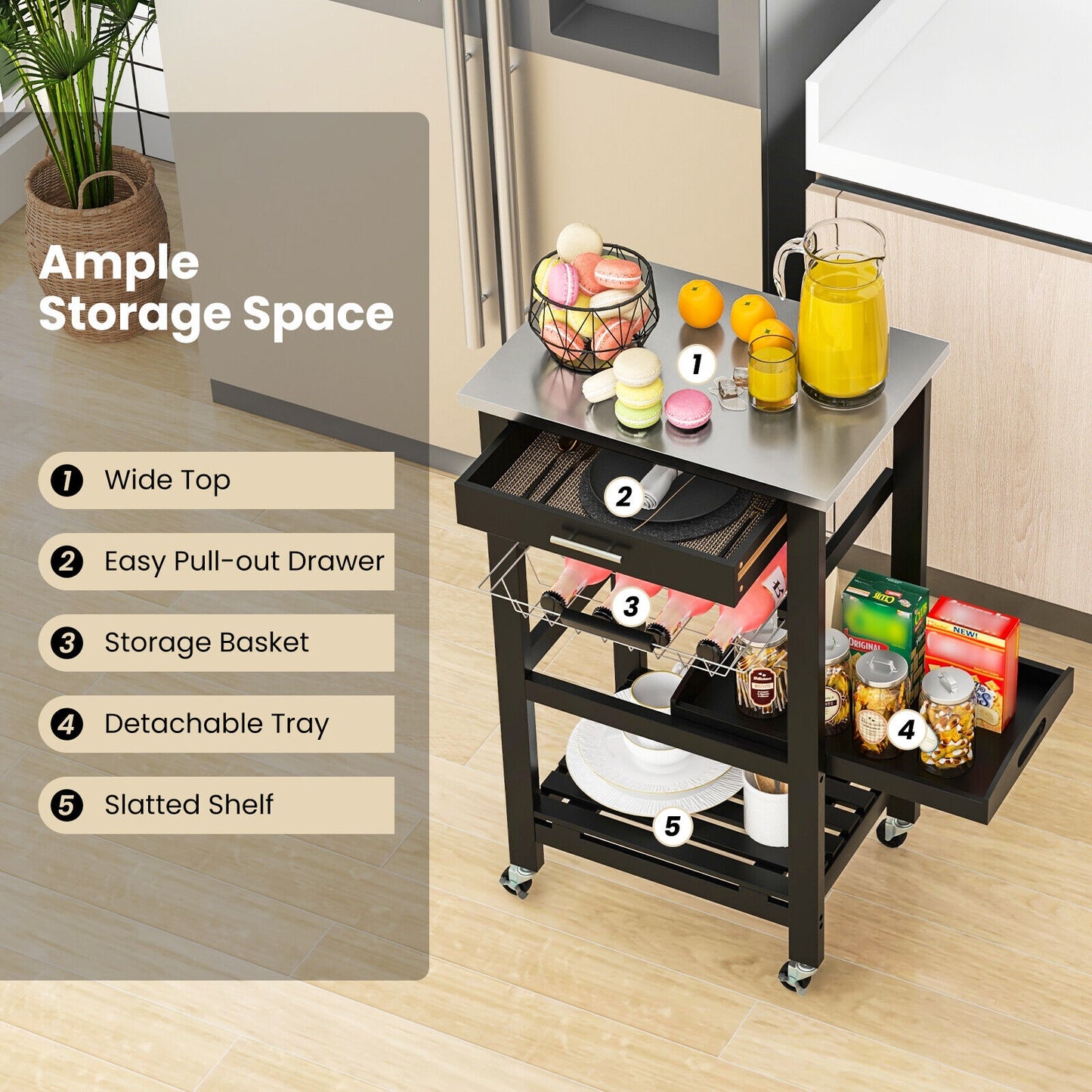 Kitchen Island Cart with Stainless Steel Top, Pull-Out Basket, and Storage Shelves - Black