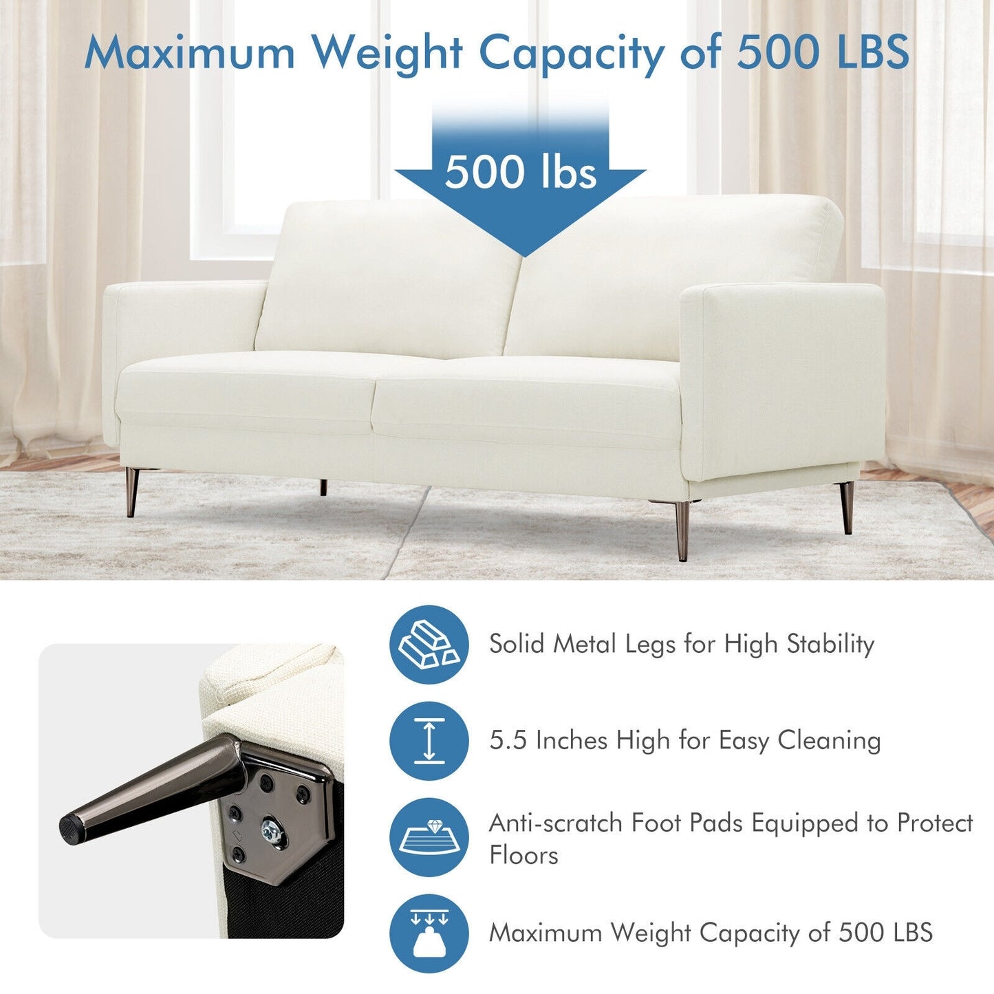 Modern Upholstered Loveseat with Plush Backrest Cushions in White