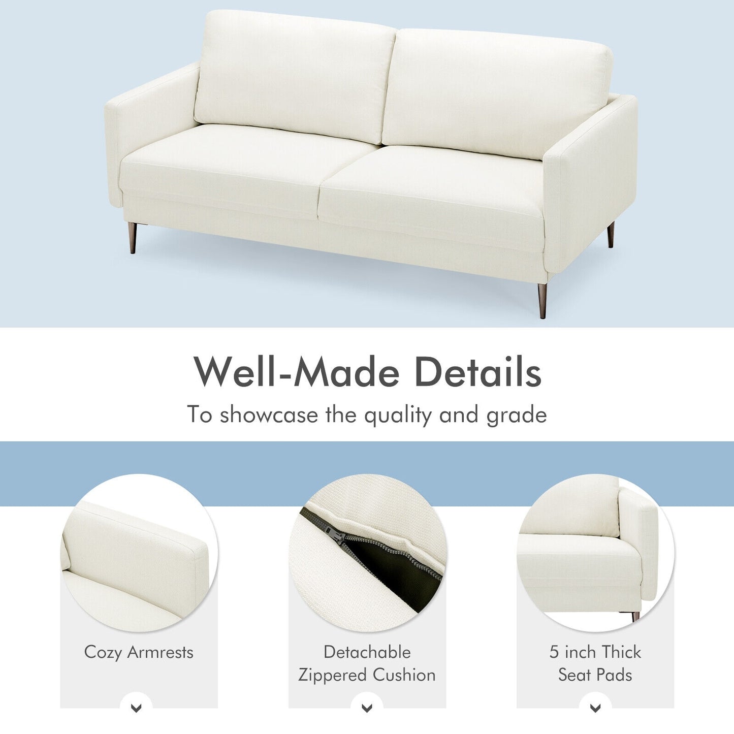 Modern Upholstered Loveseat with Plush Backrest Cushions in White