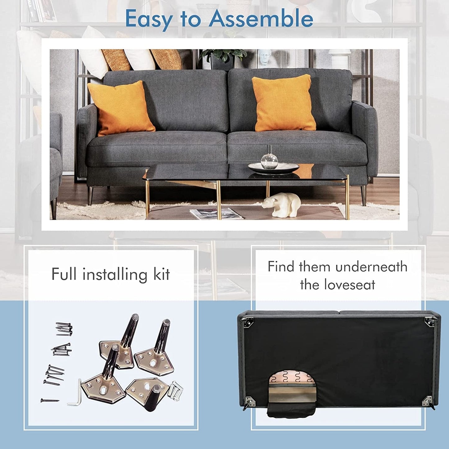Modern Upholstered Loveseat with Plush Backrest Cushions in Grey
