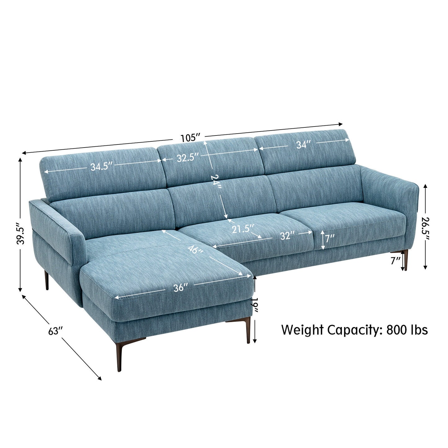 105 Inch Modern L Shaped Sectional Sofa Couch with Adjustable Headrests