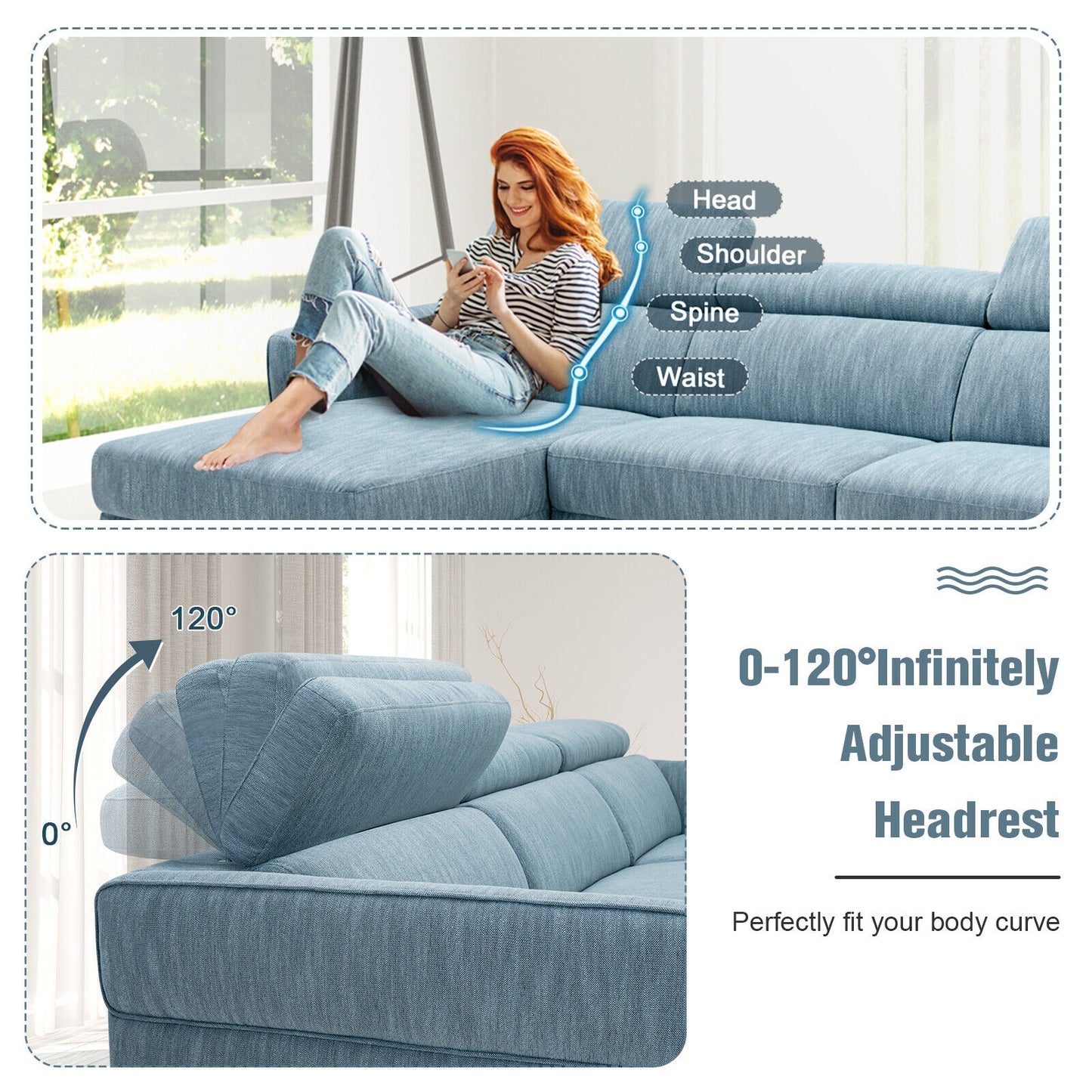 105 Inch Modern L Shaped Sectional Sofa Couch with Adjustable Headrests