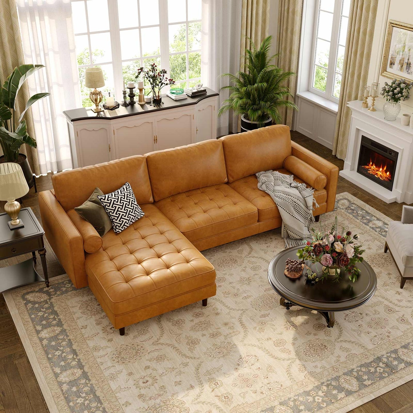 3 Seat L-Shaped Sectional Sofa with Chaise Lounge and Tufted Air Leather Upholstery