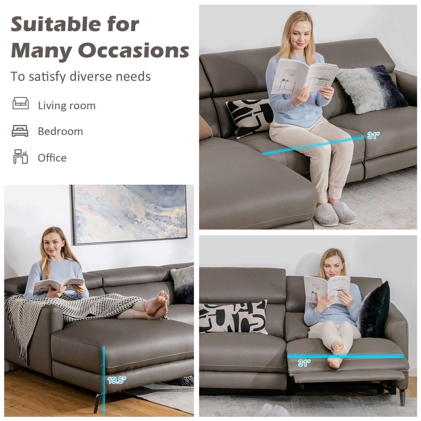 L-Shaped Power Reclining Sectional with Adjustable Headrests and Wide Chaise Lounge