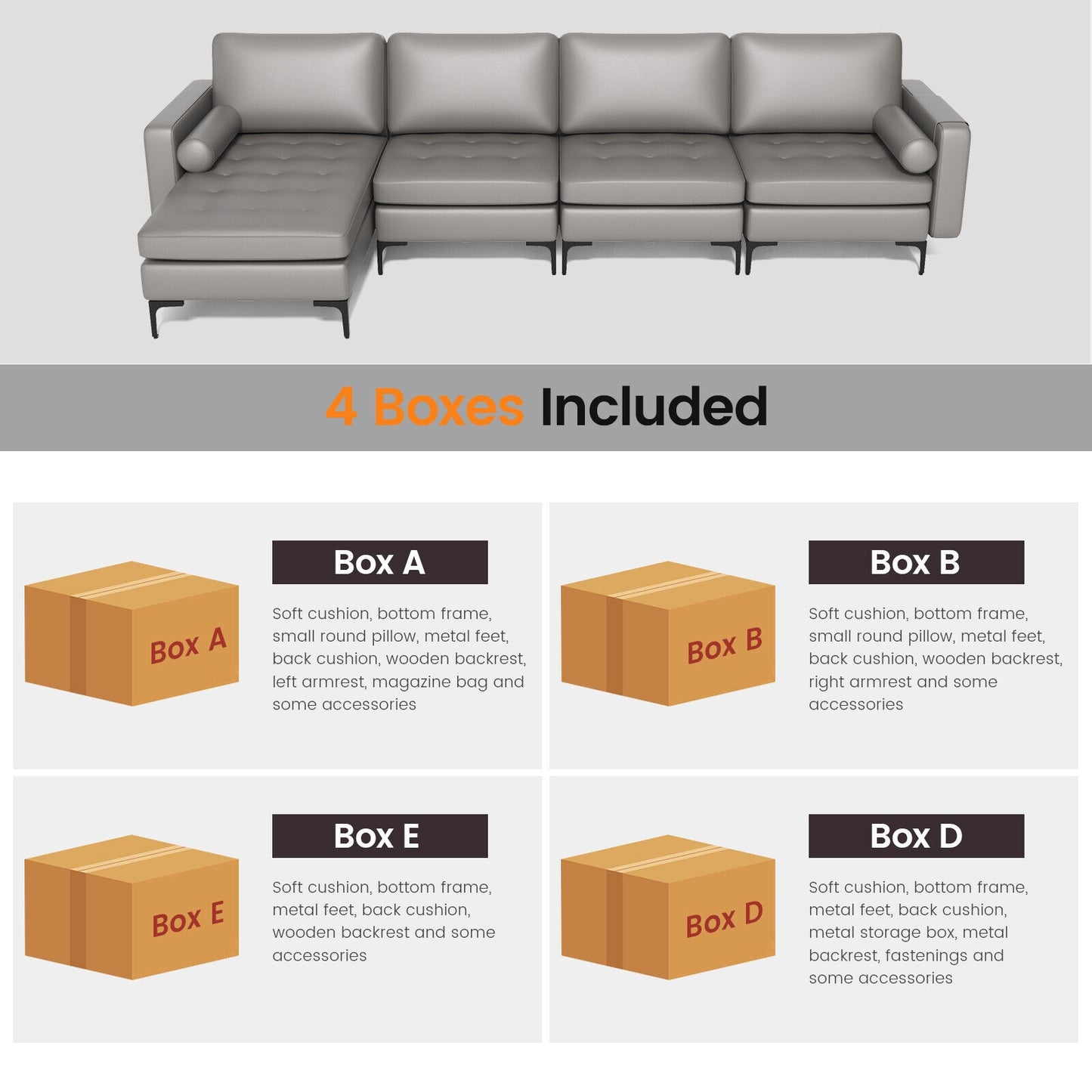 4 Seat L-Shaped Sectional with Reversible Chaise, Storage and USB Ports - Light Grey