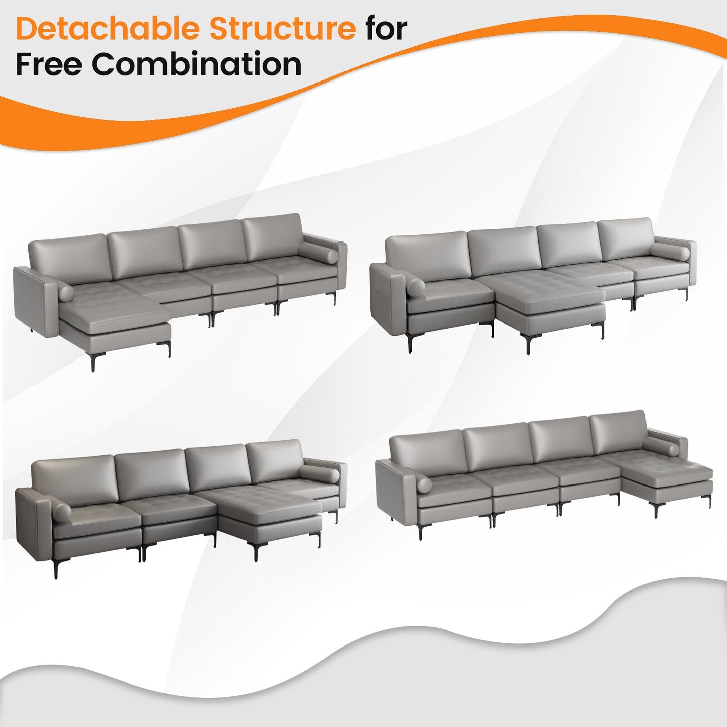 4 Seat L-Shaped Sectional with Reversible Chaise, Storage and USB Ports - Light Grey