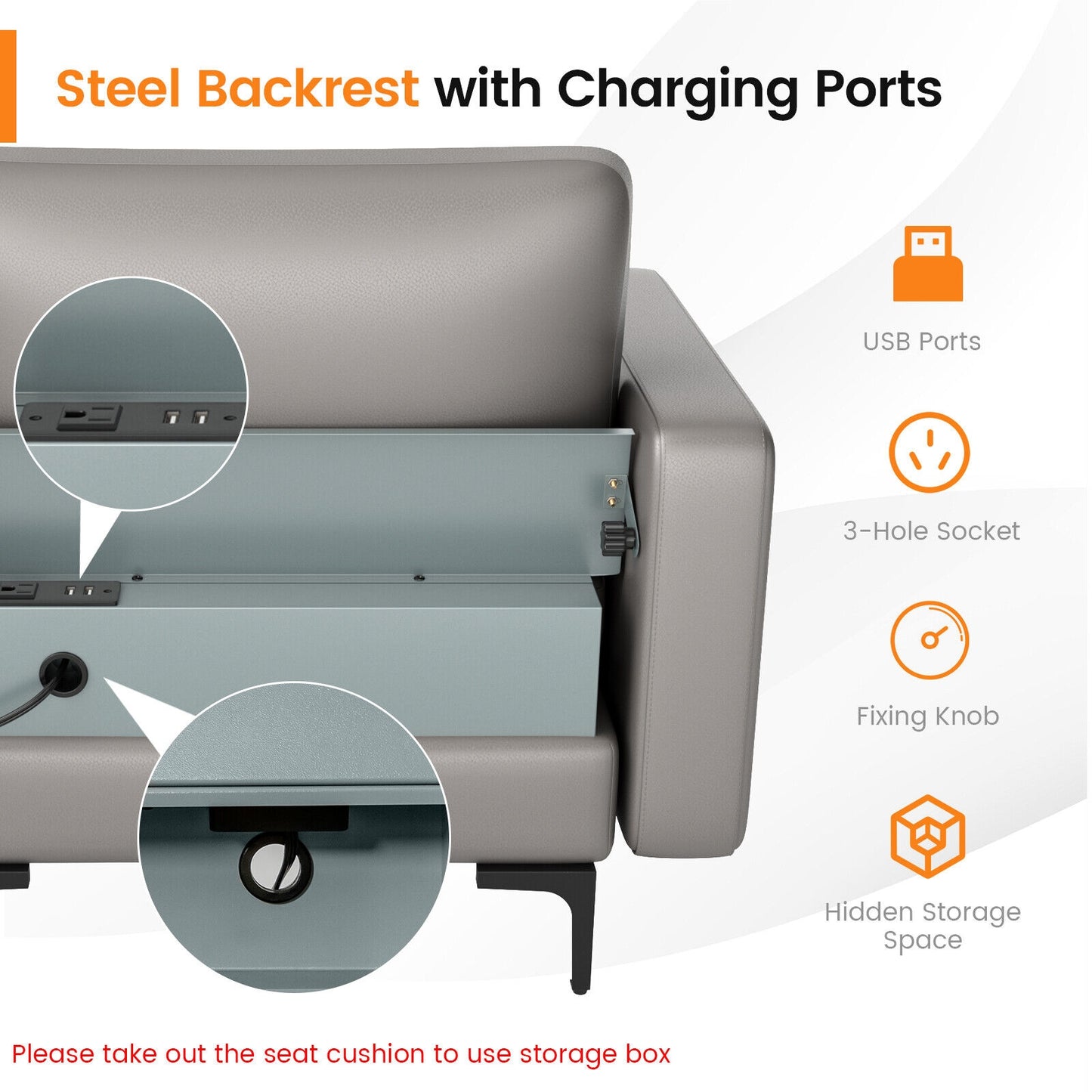 4 Seat L-Shaped Sectional with Reversible Chaise, Storage and USB Ports - Light Grey