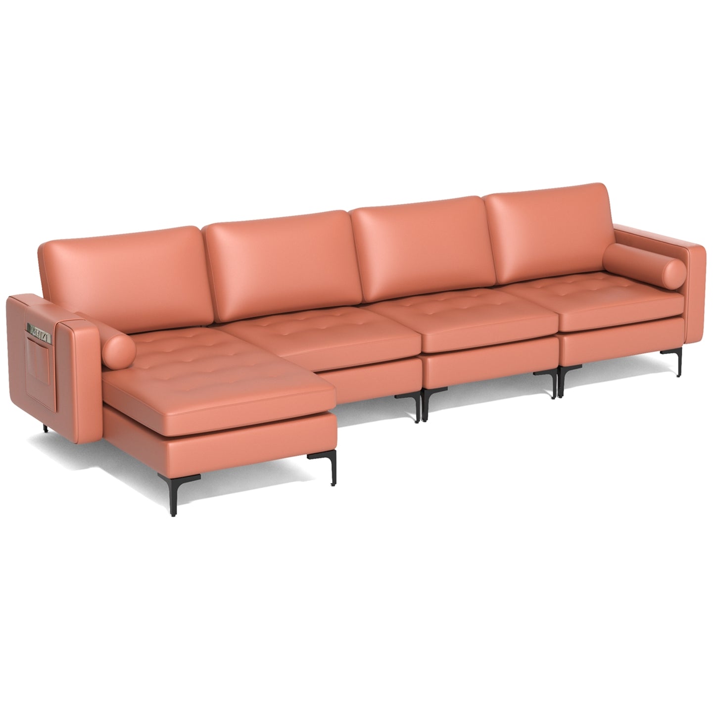4 Seat L-Shaped Sectional with Reversible Chaise, Storage and USB Ports - Pink