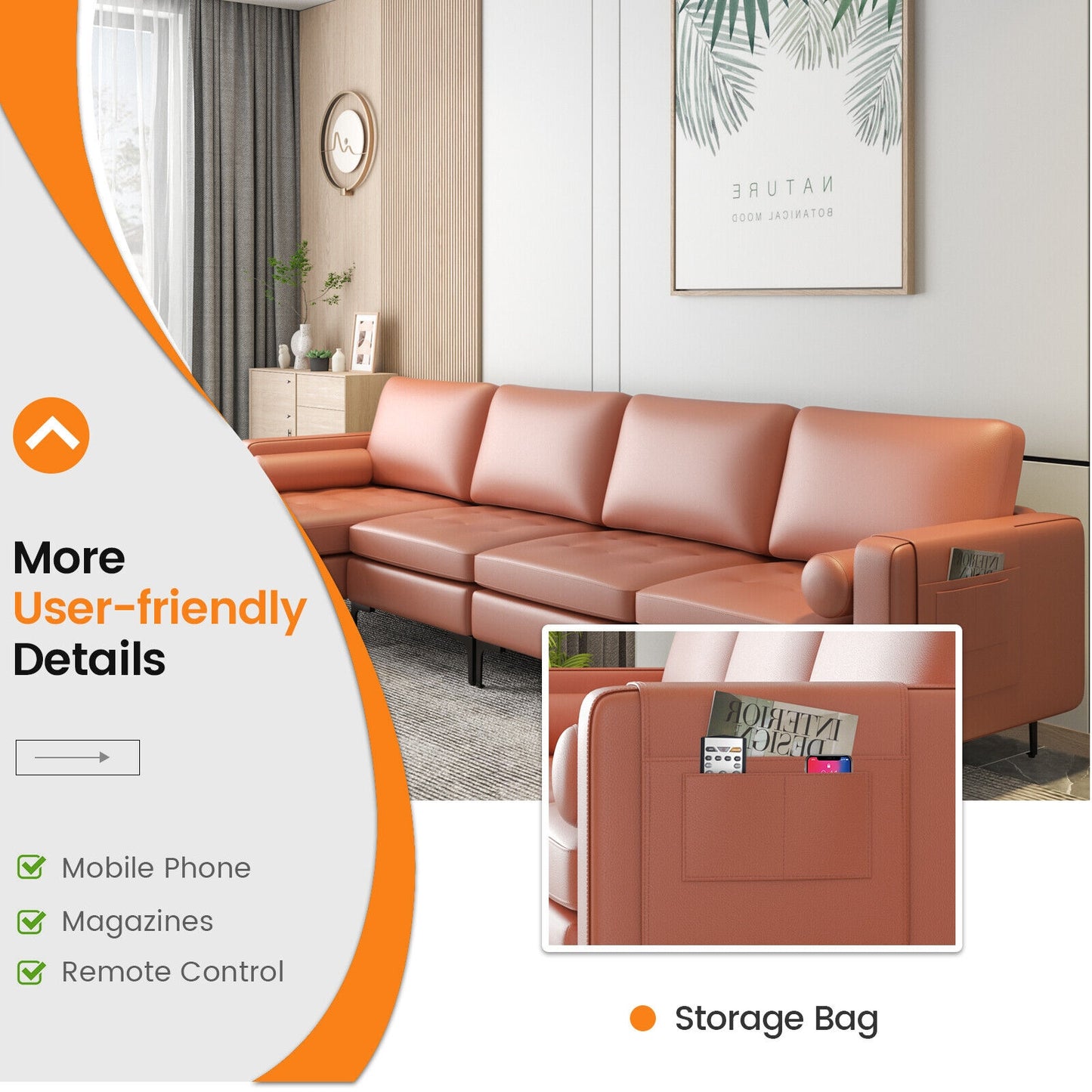 4 Seat L-Shaped Sectional with Reversible Chaise, Storage and USB Ports - Pink