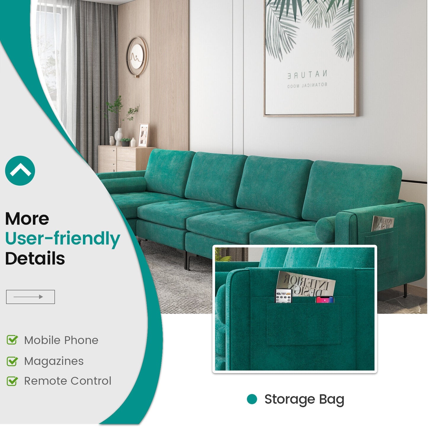 4 Seat L-Shaped Sectional with Reversible Chaise, Storage and USB Ports - Teal