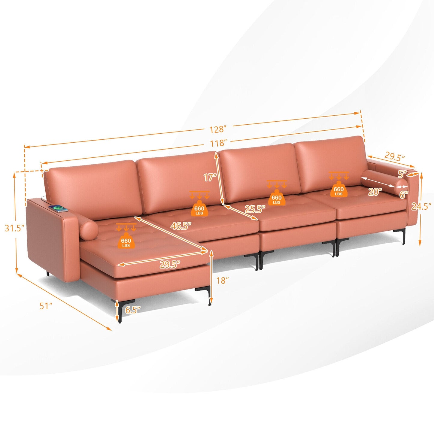 4 Seat L-Shaped Sectional with Reversible Chaise, Storage and USB Ports - Pink
