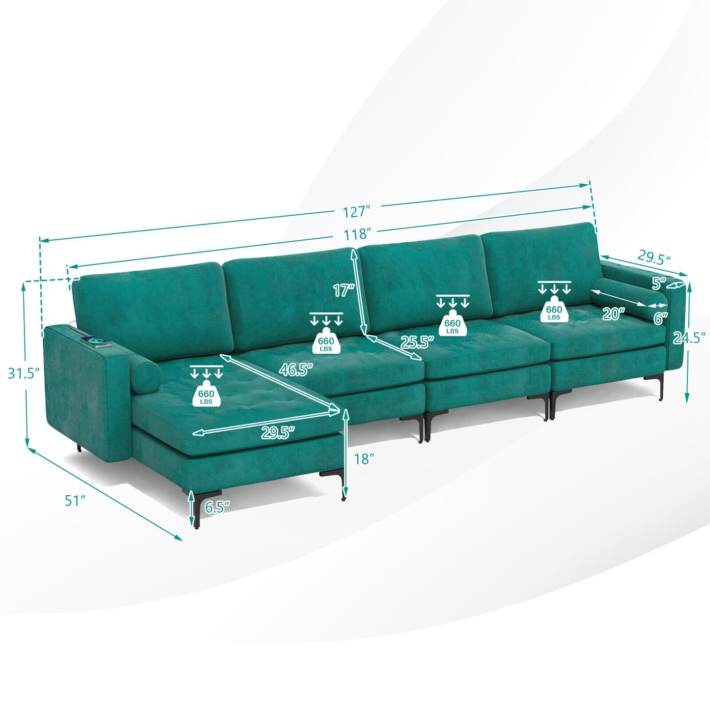 4 Seat L-Shaped Sectional with Reversible Chaise, Storage and USB Ports - Teal