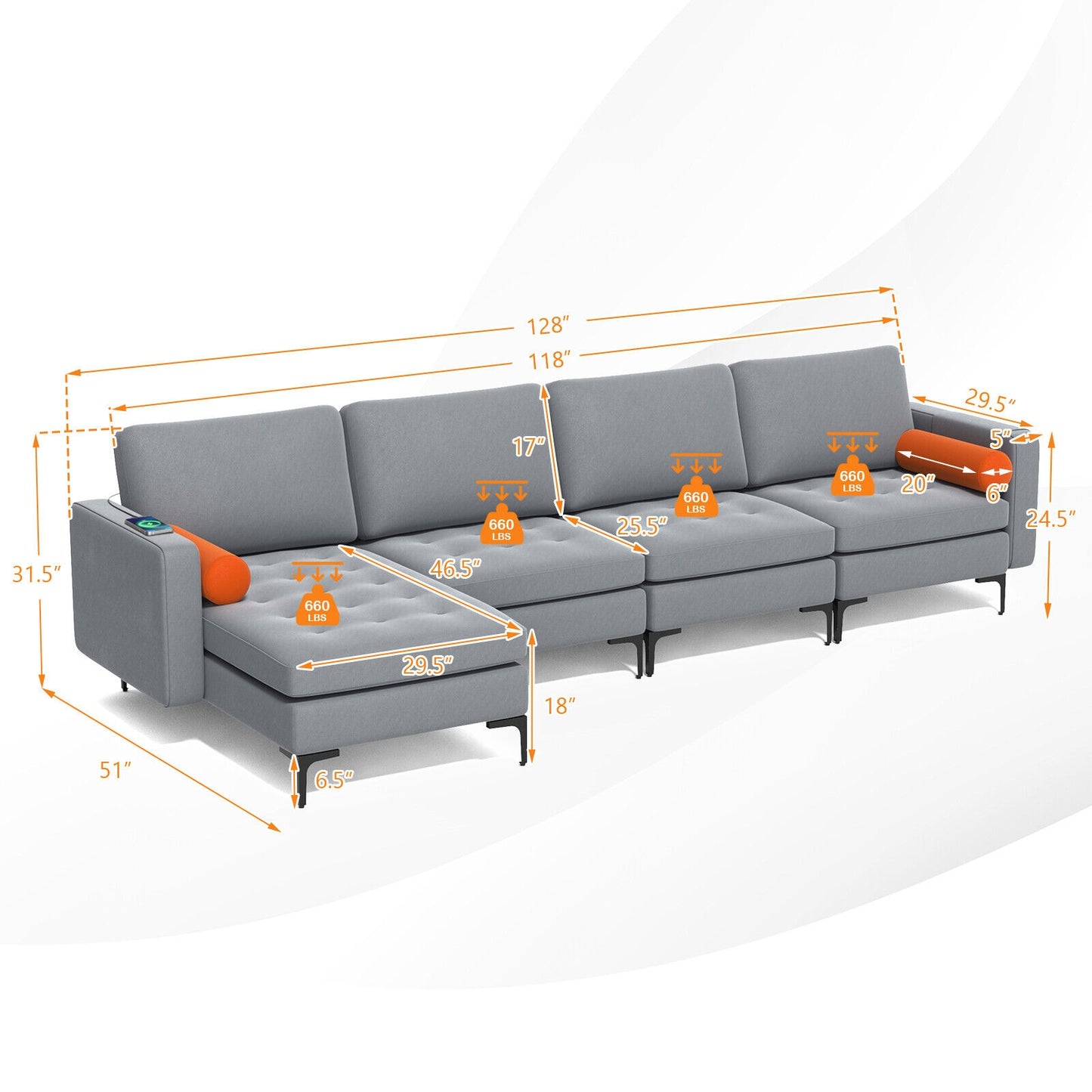 4 Seat L-Shaped Sectional with Reversible Chaise, Storage and USB Ports - Grey