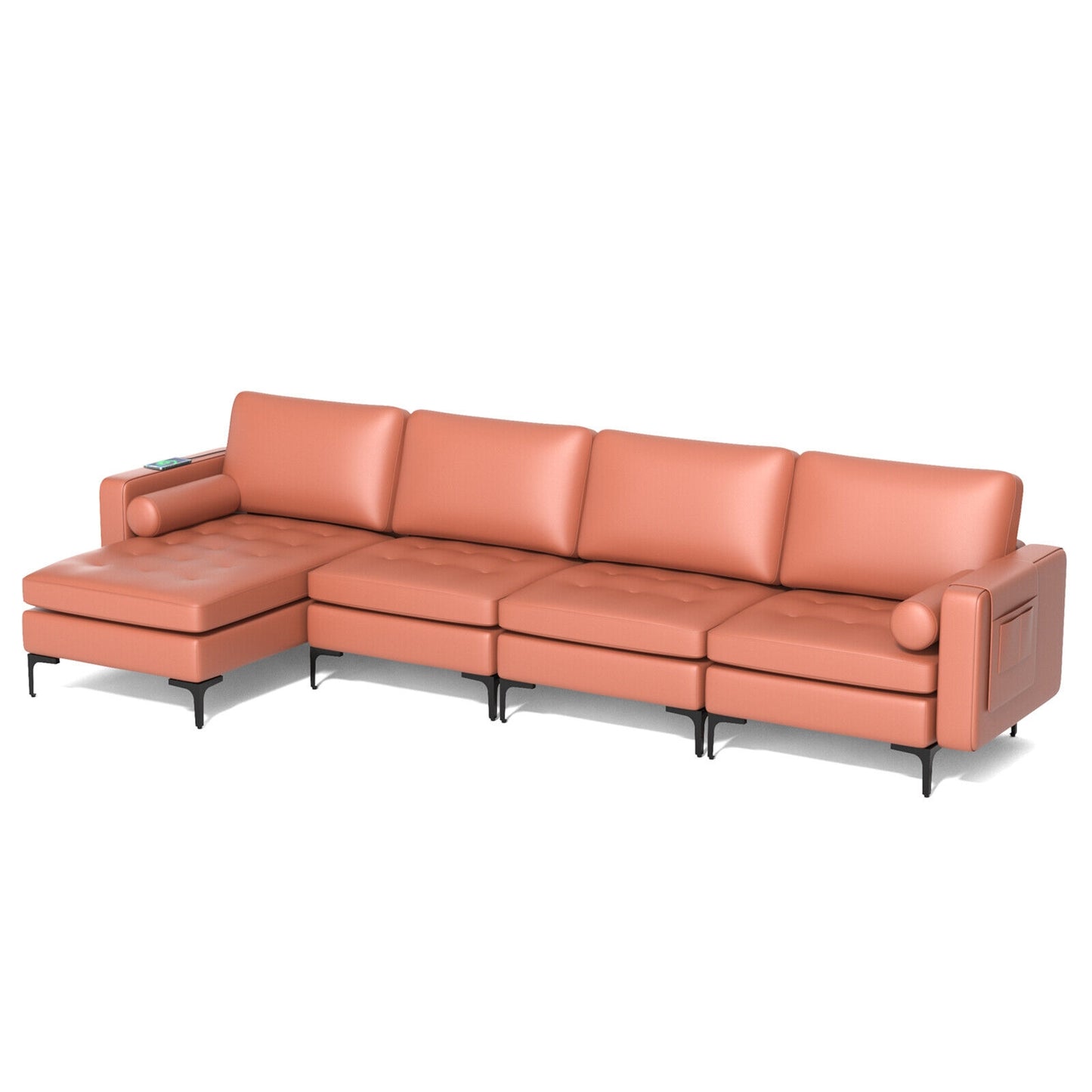 4 Seat L-Shaped Sectional with Reversible Chaise, Storage and USB Ports - Pink