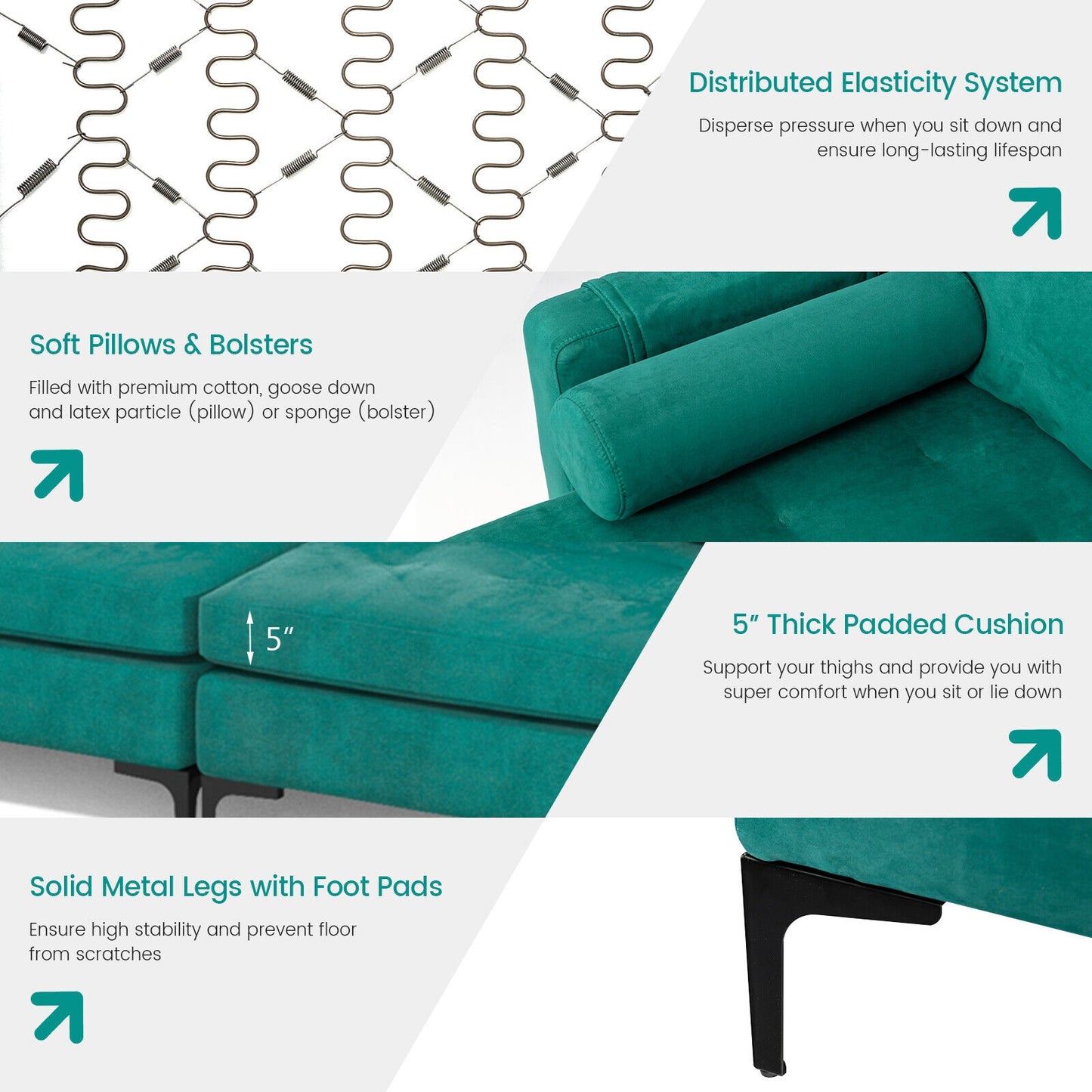 4 Seat L-Shaped Sectional with Reversible Chaise, Storage and USB Ports - Teal