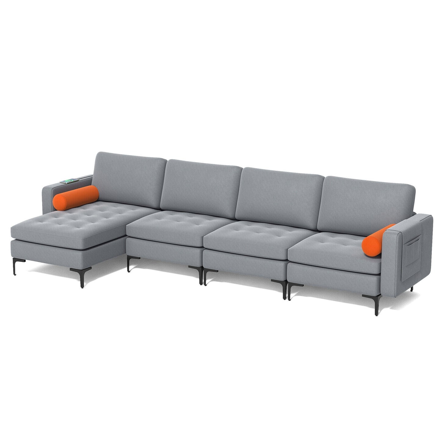 4 Seat L-Shaped Sectional with Reversible Chaise, Storage and USB Ports - Grey