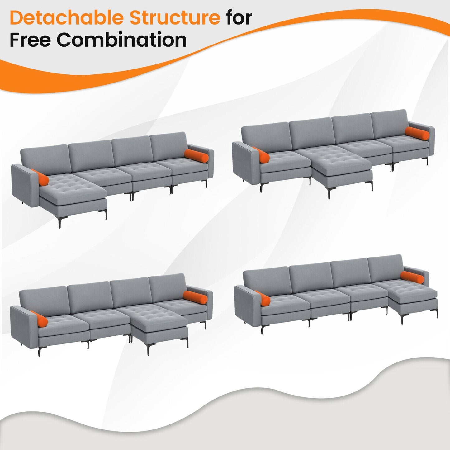 4 Seat L-Shaped Sectional with Reversible Chaise, Storage and USB Ports - Grey