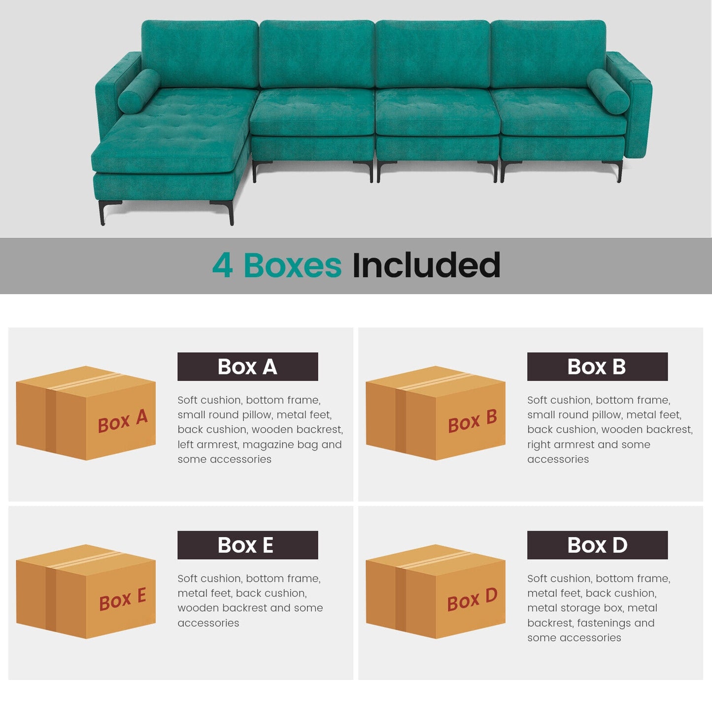 4 Seat L-Shaped Sectional with Reversible Chaise, Storage and USB Ports - Teal