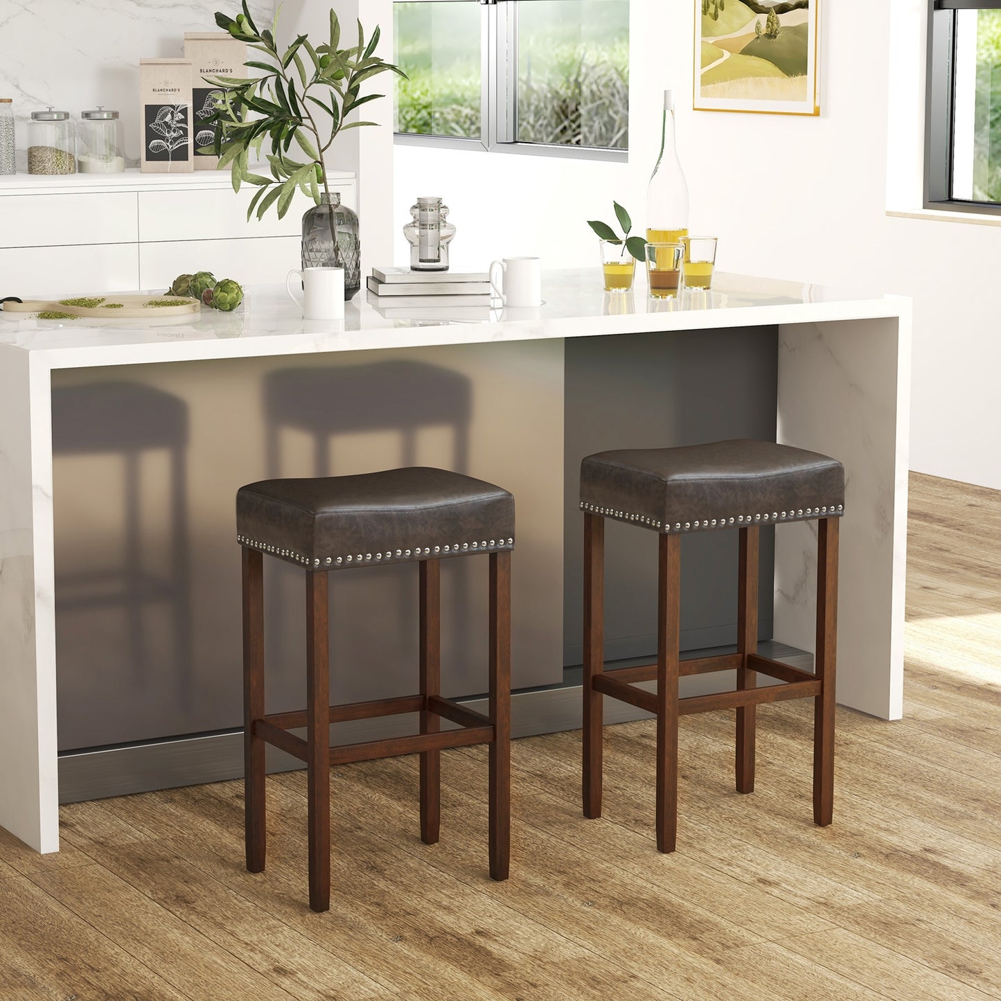 Elegant Upholstered 29.5 Inch Bar Stools Set of 2 with Ergonomic Saddle Seat and Footrests, Grey