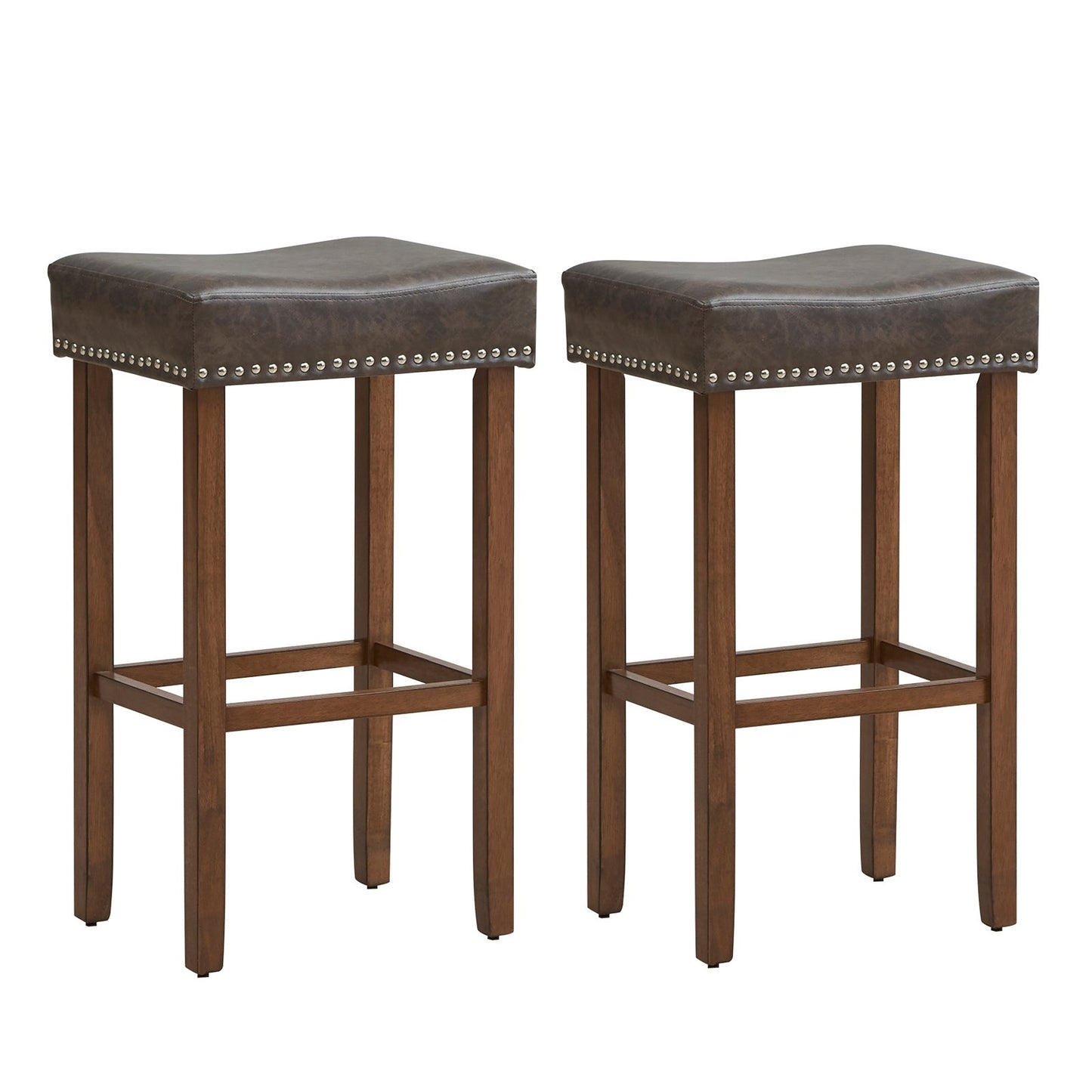 Elegant Upholstered 29.5 Inch Bar Stools Set of 2 with Ergonomic Saddle Seat and Footrests, Grey