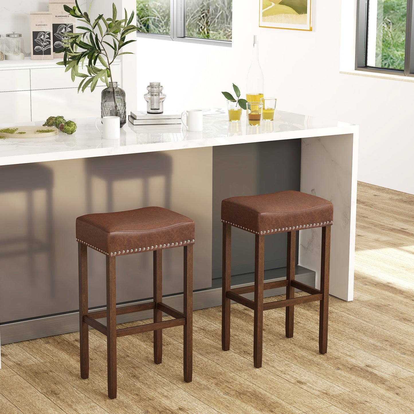 Elegant Upholstered 29.5 Inch Bar Stools Set of 2 with Ergonomic Saddle Seat and Footrests, Brown