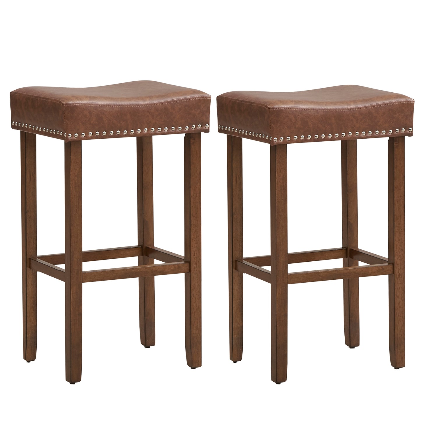 Elegant Upholstered 29.5 Inch Bar Stools Set of 2 with Ergonomic Saddle Seat and Footrests, Brown