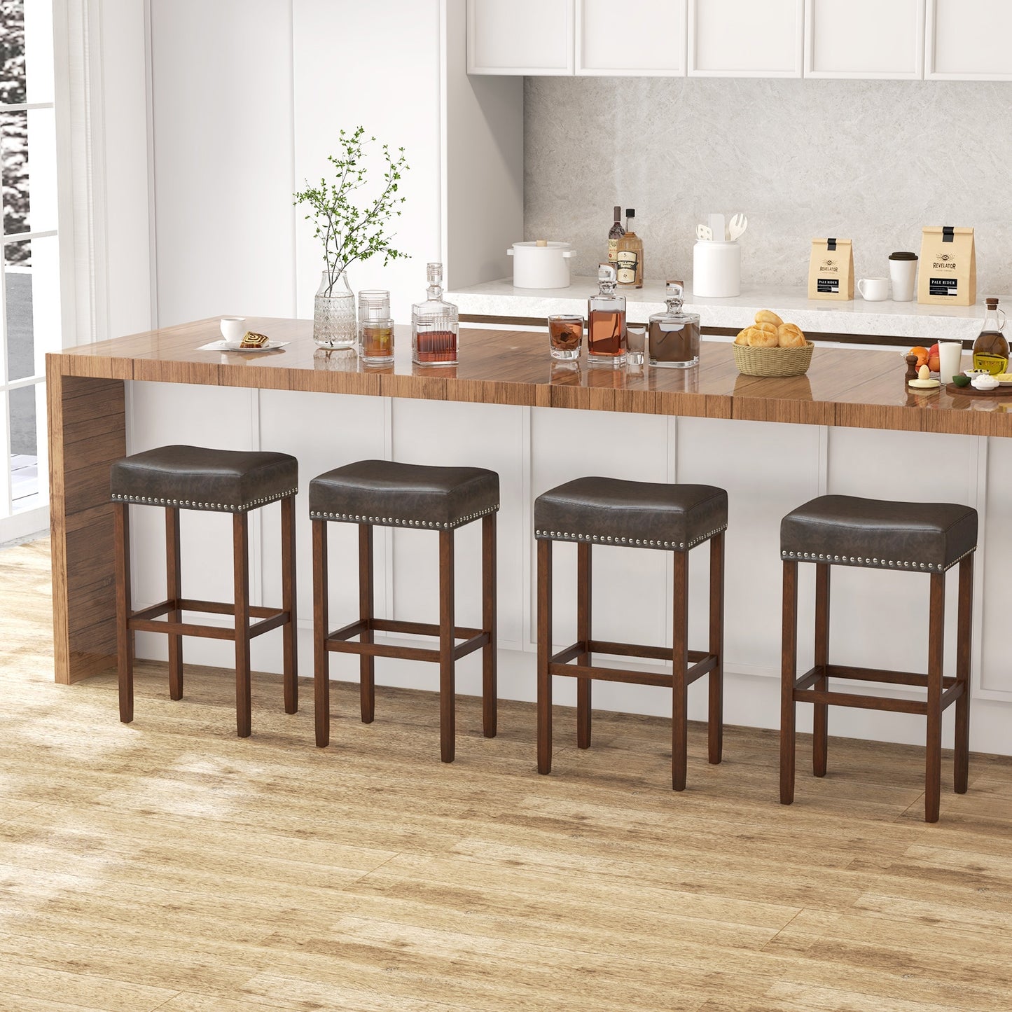 Elegant Upholstered 29.5 Inch Bar Stools Set of 2 with Ergonomic Saddle Seat and Footrests, Grey