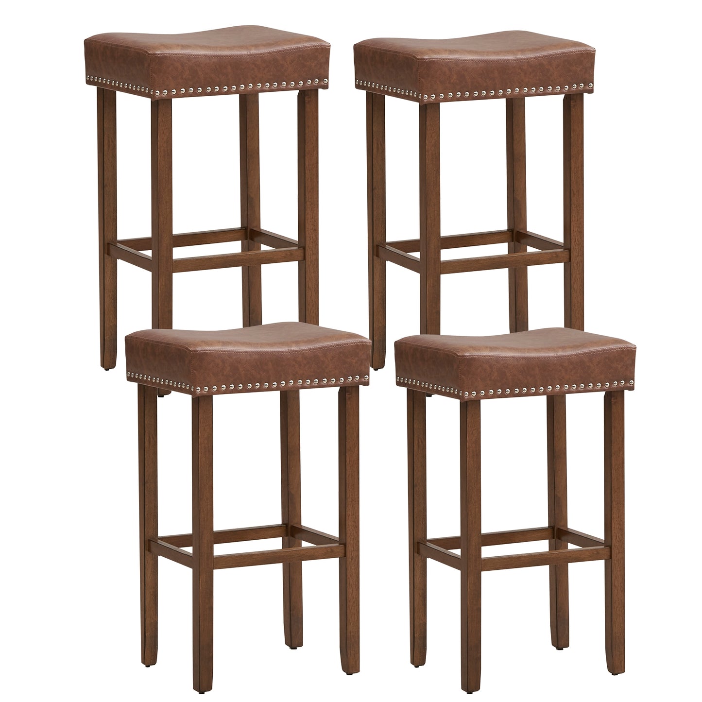 Elegant Upholstered 29.5 Inch Bar Stools Set of 2 with Ergonomic Saddle Seat and Footrests, Brown